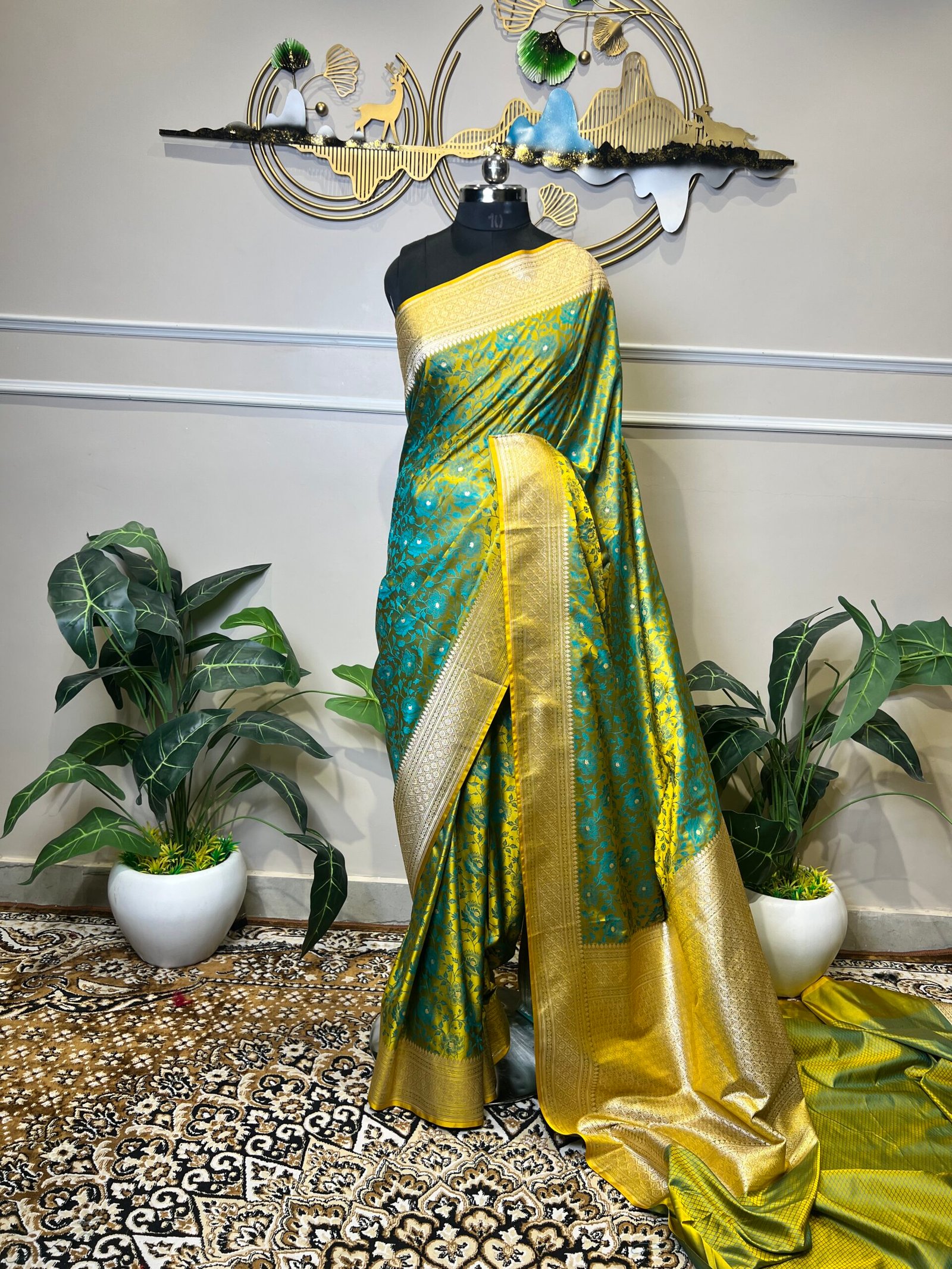 Pure Banarasi Silk Saree – Turquoise & Yellow Floral Zari Weave - Image 4