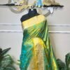 Pure Banarasi Silk Saree – Turquoise & Yellow Floral Zari Weave