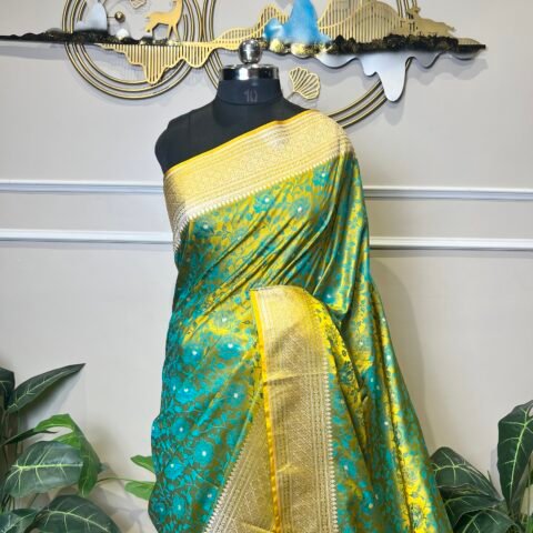 Pure Banarasi Silk Saree – Turquoise & Yellow Floral Zari Weave