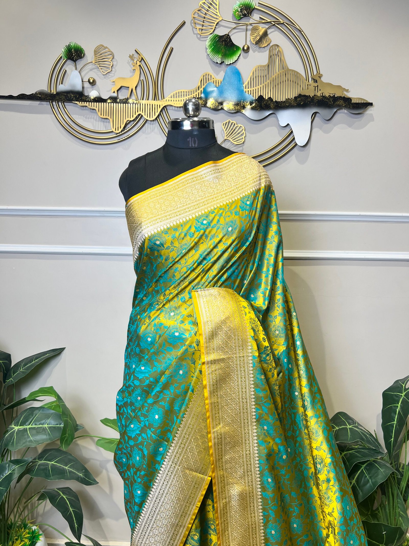 Pure Banarasi Silk Saree – Turquoise & Yellow Floral Zari Weave