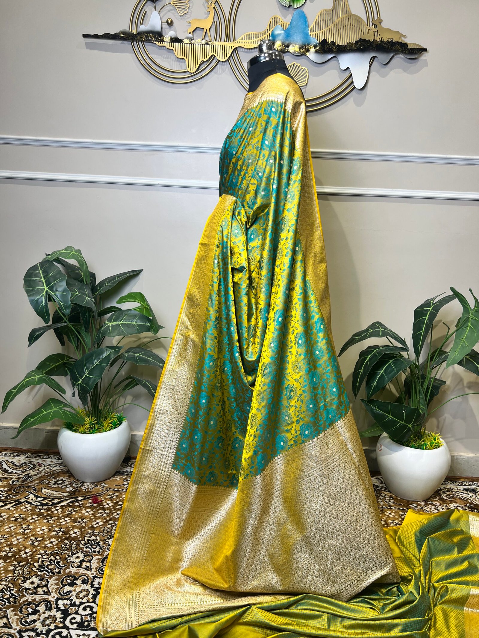 Pure Banarasi Silk Saree – Turquoise & Yellow Floral Zari Weave - Image 7