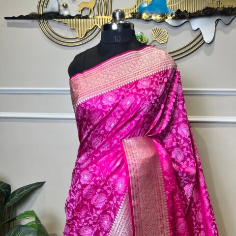 Pure Banarasi Silk Saree – Rani Pink Floral Zari Jaal