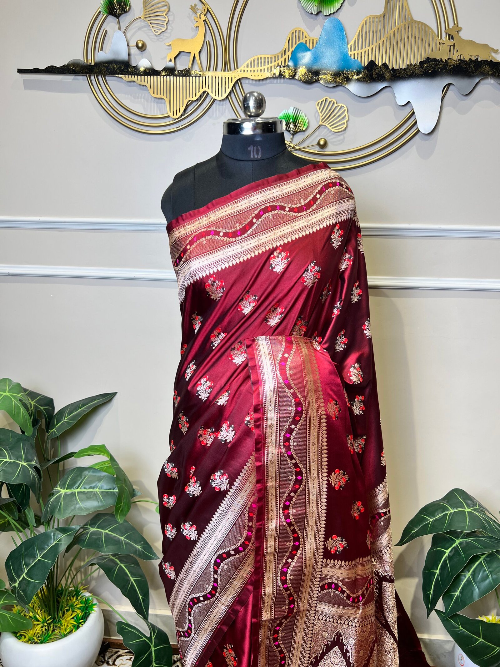 Pure Banarasi Saree in Deep Wine Maroon with Floral Zari Work