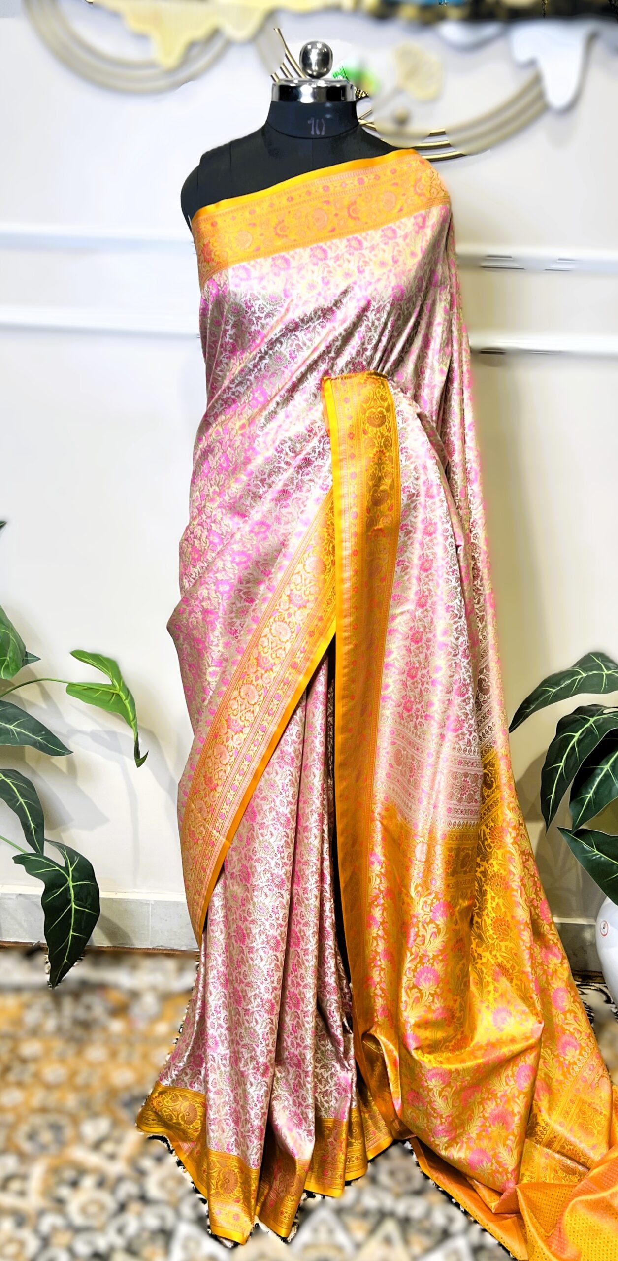 Pure Banarasi Pink Floral Saree with Golden Yellow Border - Image 4