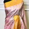 Pure Banarasi Pink Floral Saree with Golden Yellow Border