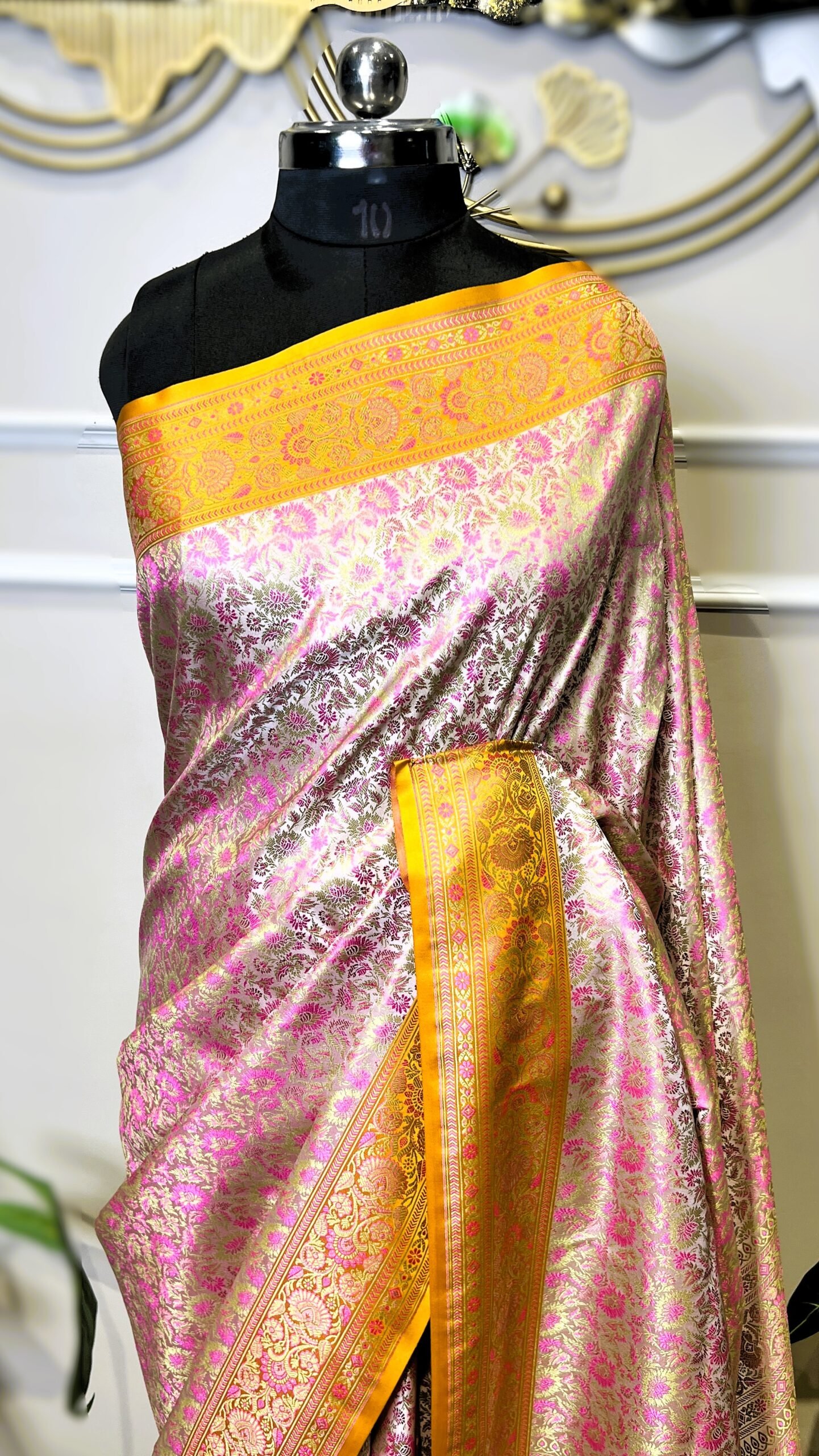Pure Banarasi Pink Floral Saree with Golden Yellow Border