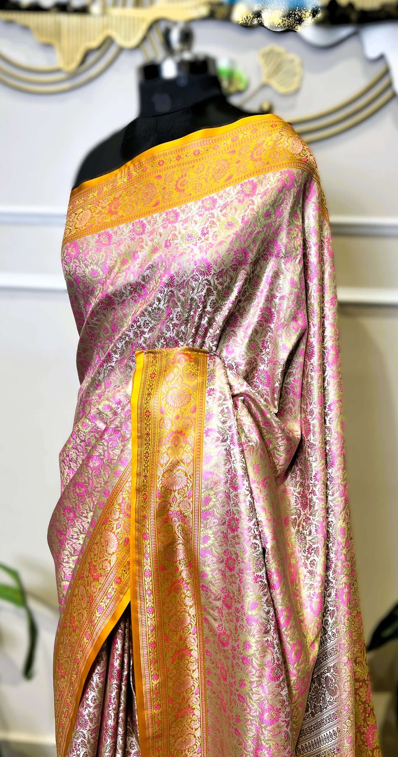 Pure Banarasi Pink Floral Saree with Golden Yellow Border - Image 6