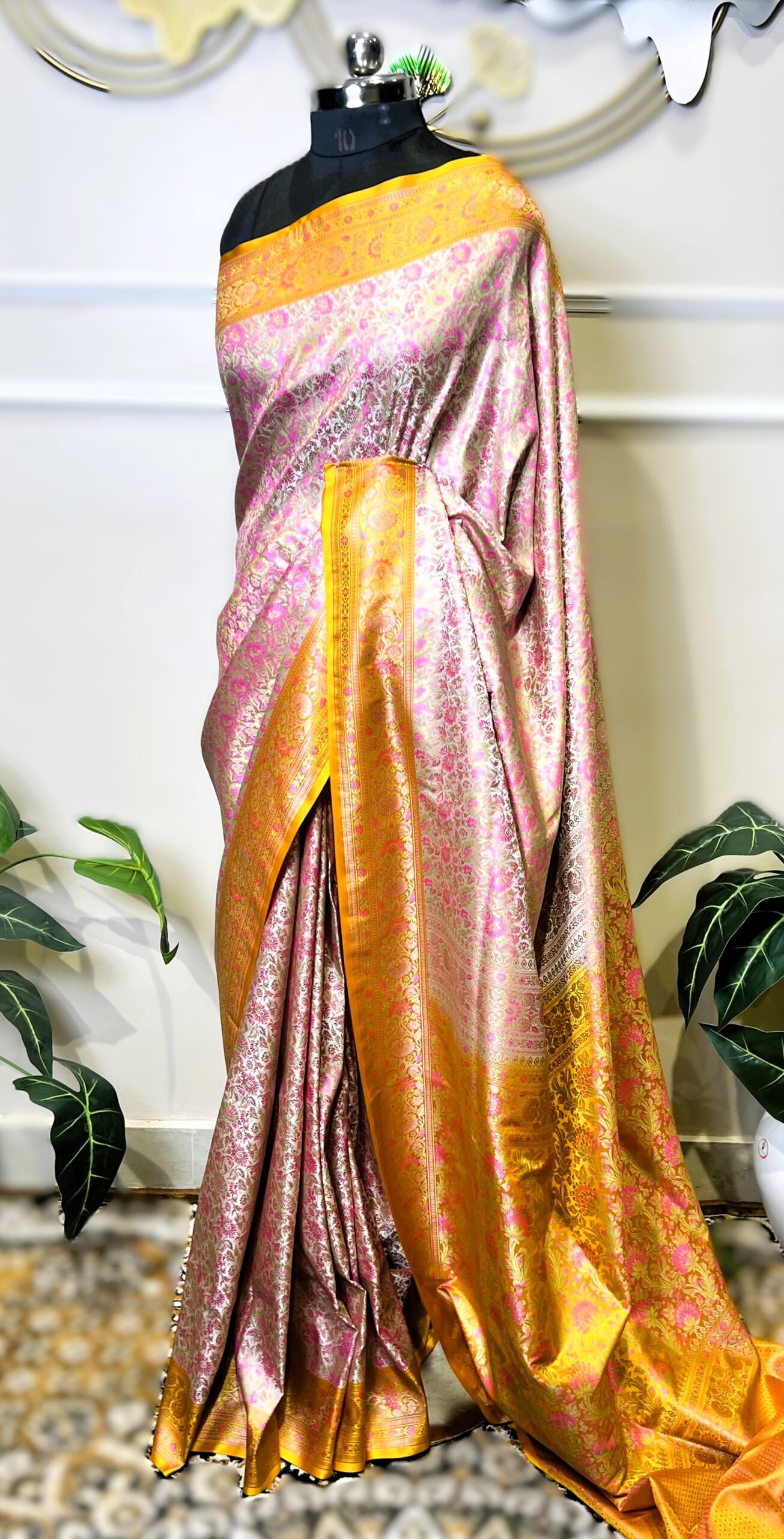 Pure Banarasi Pink Floral Saree with Golden Yellow Border - Image 2