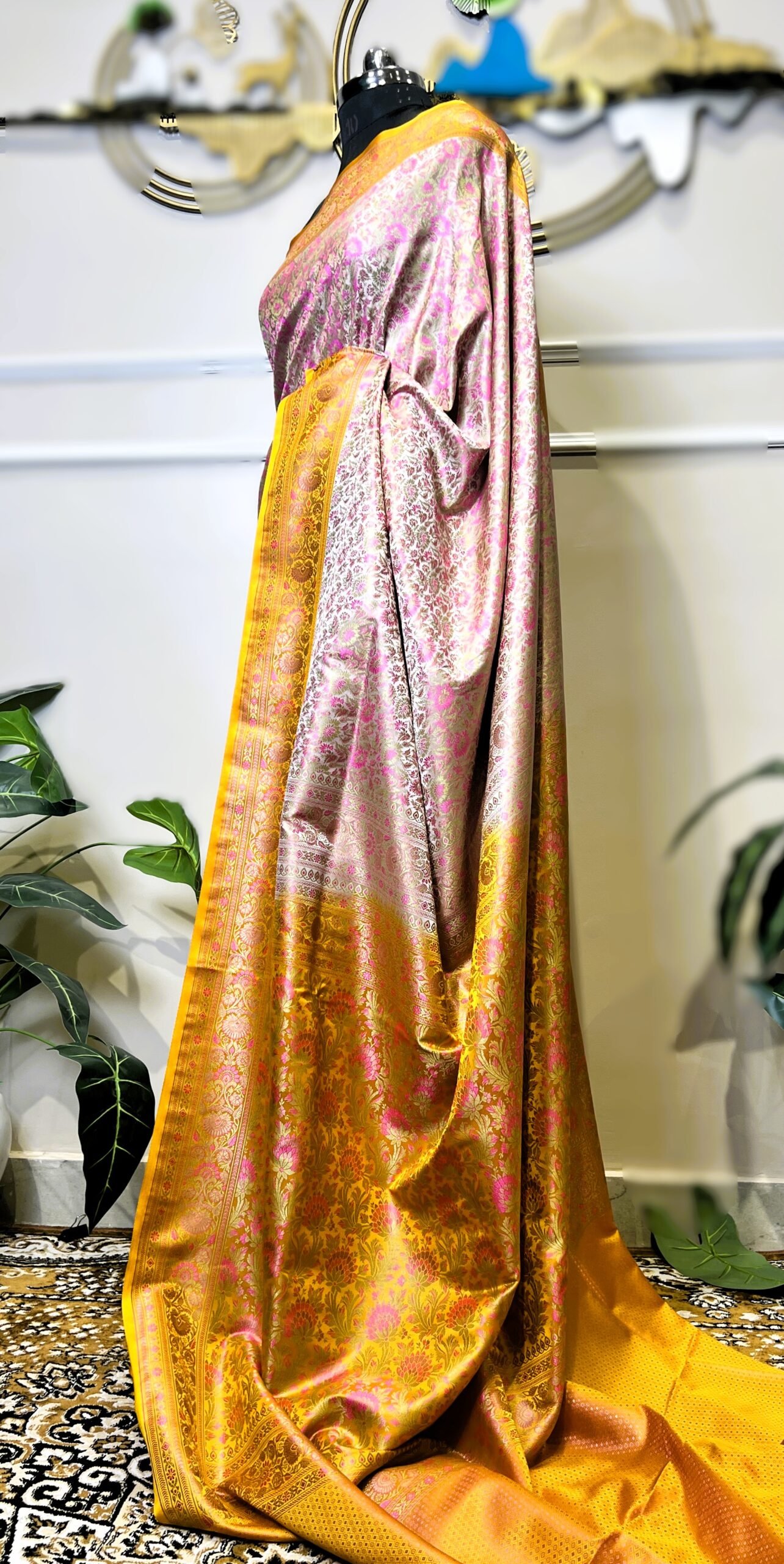 Pure Banarasi Pink Floral Saree with Golden Yellow Border - Image 8