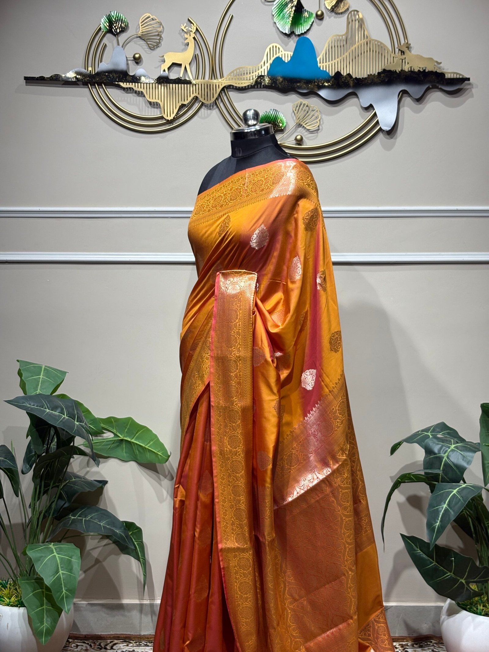 Golden Mustard Dual-Tone Banarasi Silk Saree with Rich Zari Weaving - Image 6