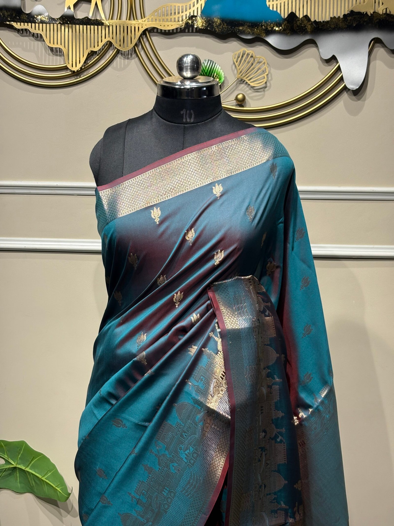 Royal Teal Blue Dual-Tone Banarasi Silk Saree with Silver Zari Heritage Border - Image 4