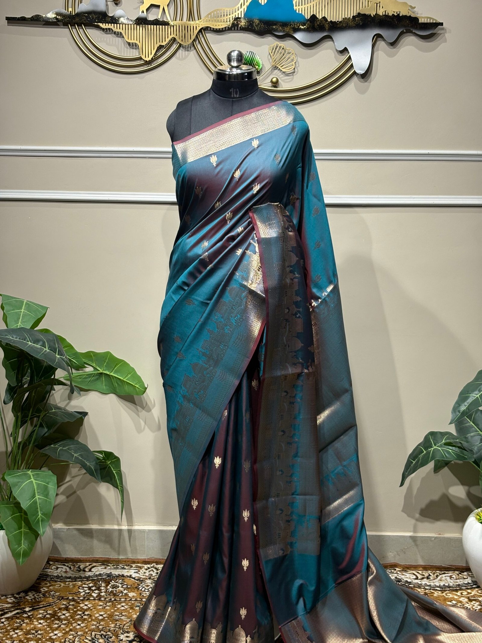 Royal Teal Blue Dual-Tone Banarasi Silk Saree with Silver Zari Heritage Border - Image 3