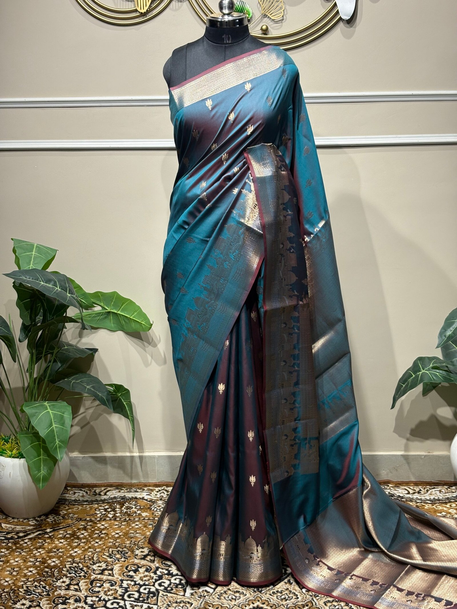 Royal Teal Blue Dual-Tone Banarasi Silk Saree with Silver Zari Heritage Border - Image 2