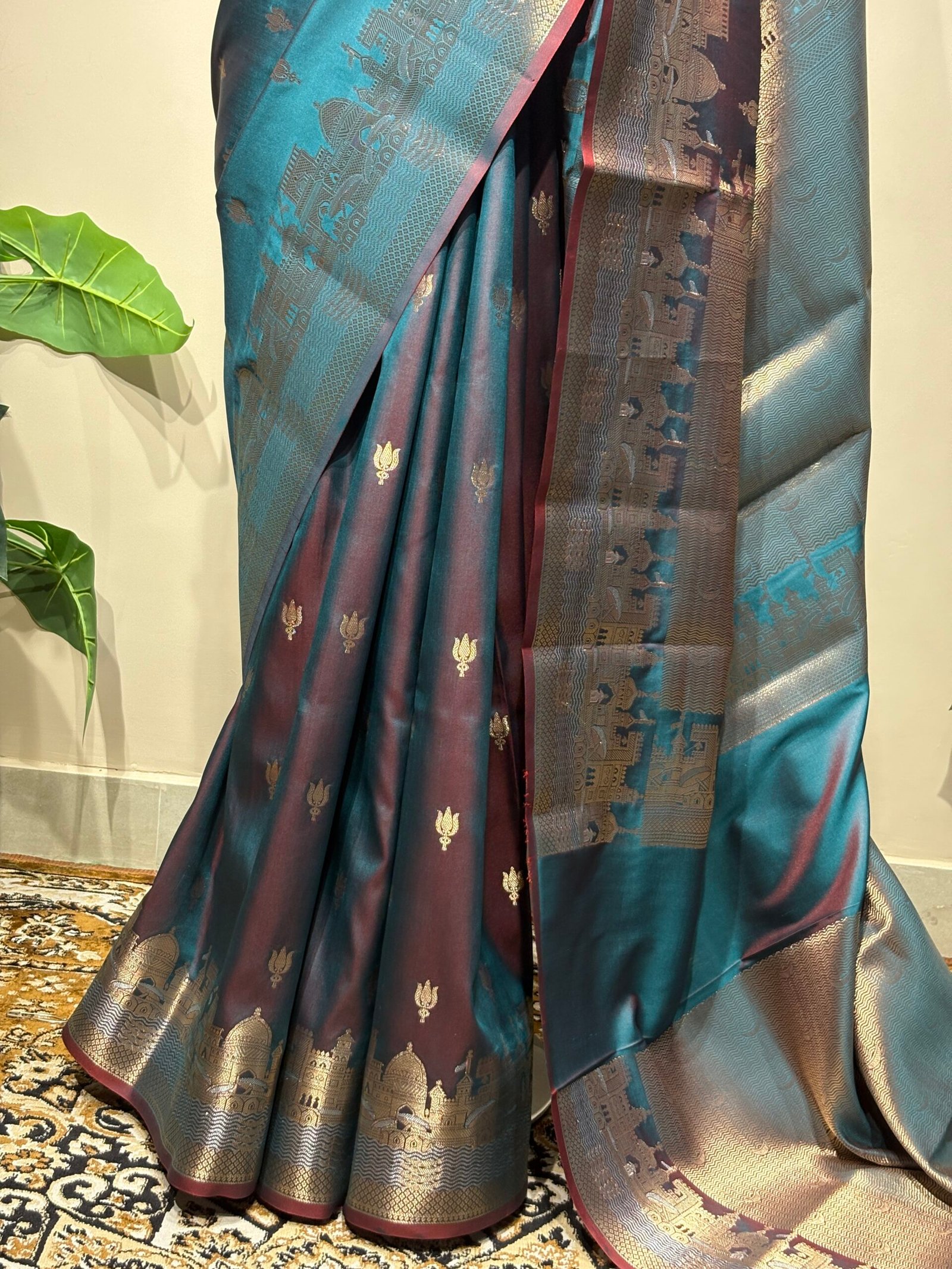 Royal Teal Blue Dual-Tone Banarasi Silk Saree with Silver Zari Heritage Border - Image 5