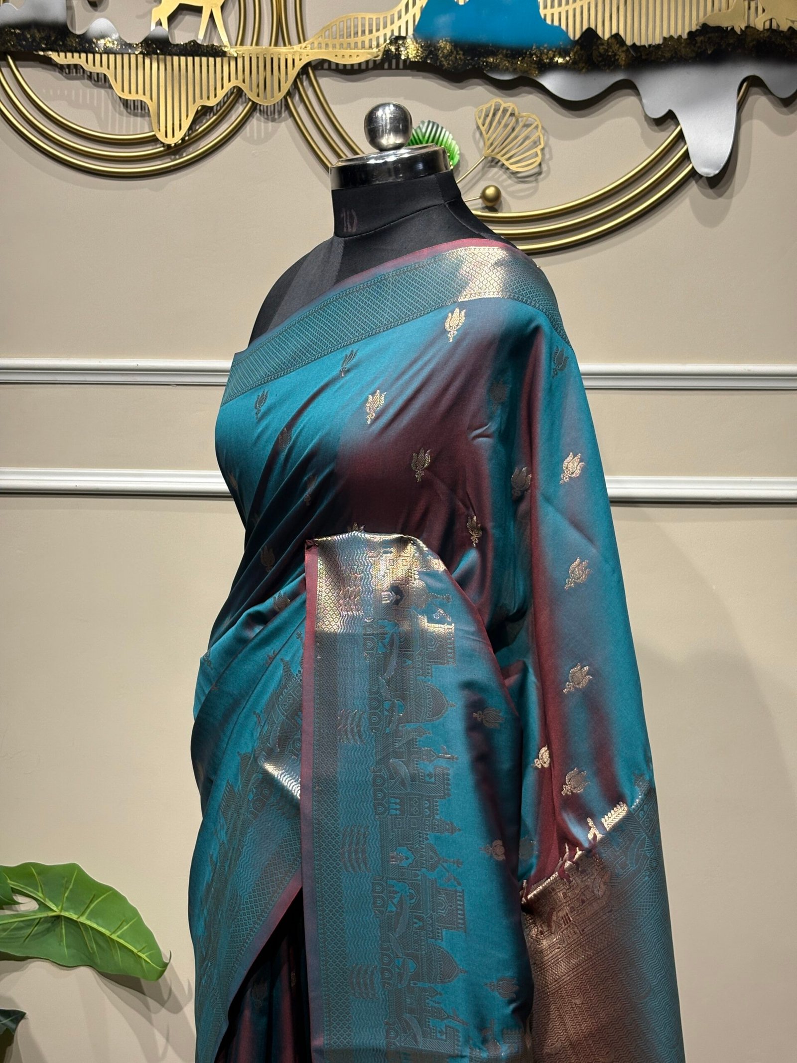Royal Teal Blue Dual-Tone Banarasi Silk Saree with Silver Zari Heritage Border - Image 6