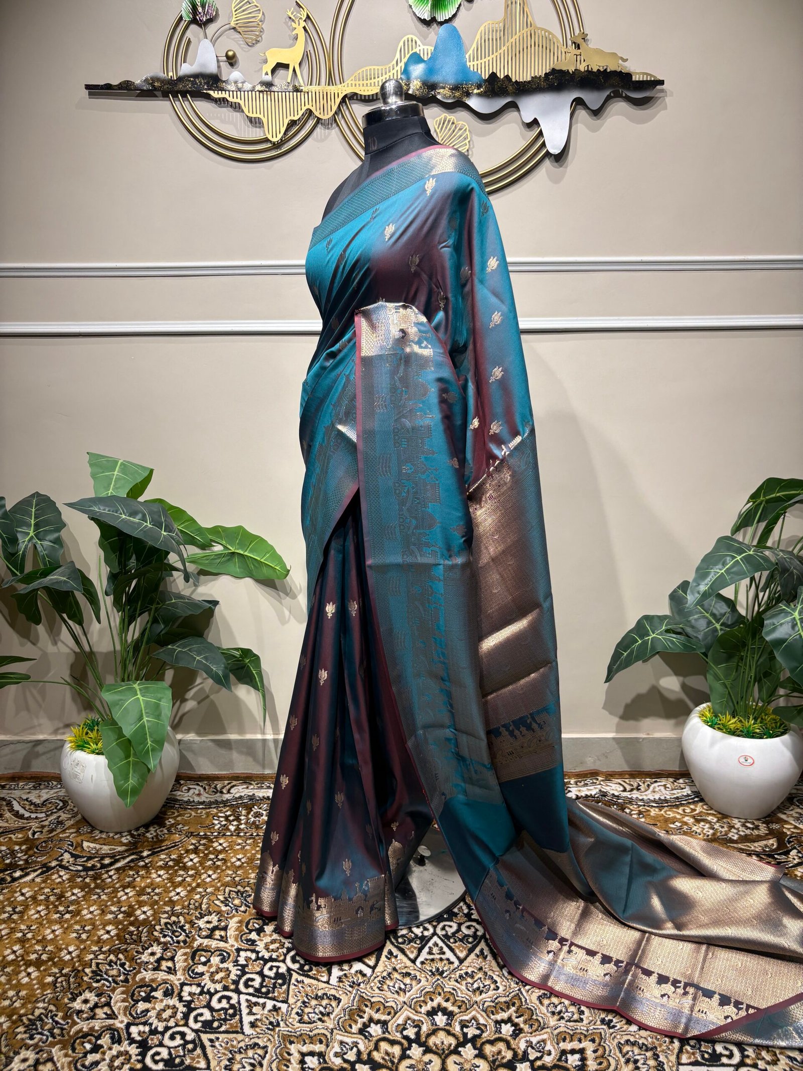 Royal Teal Blue Dual-Tone Banarasi Silk Saree with Silver Zari Heritage Border - Image 7