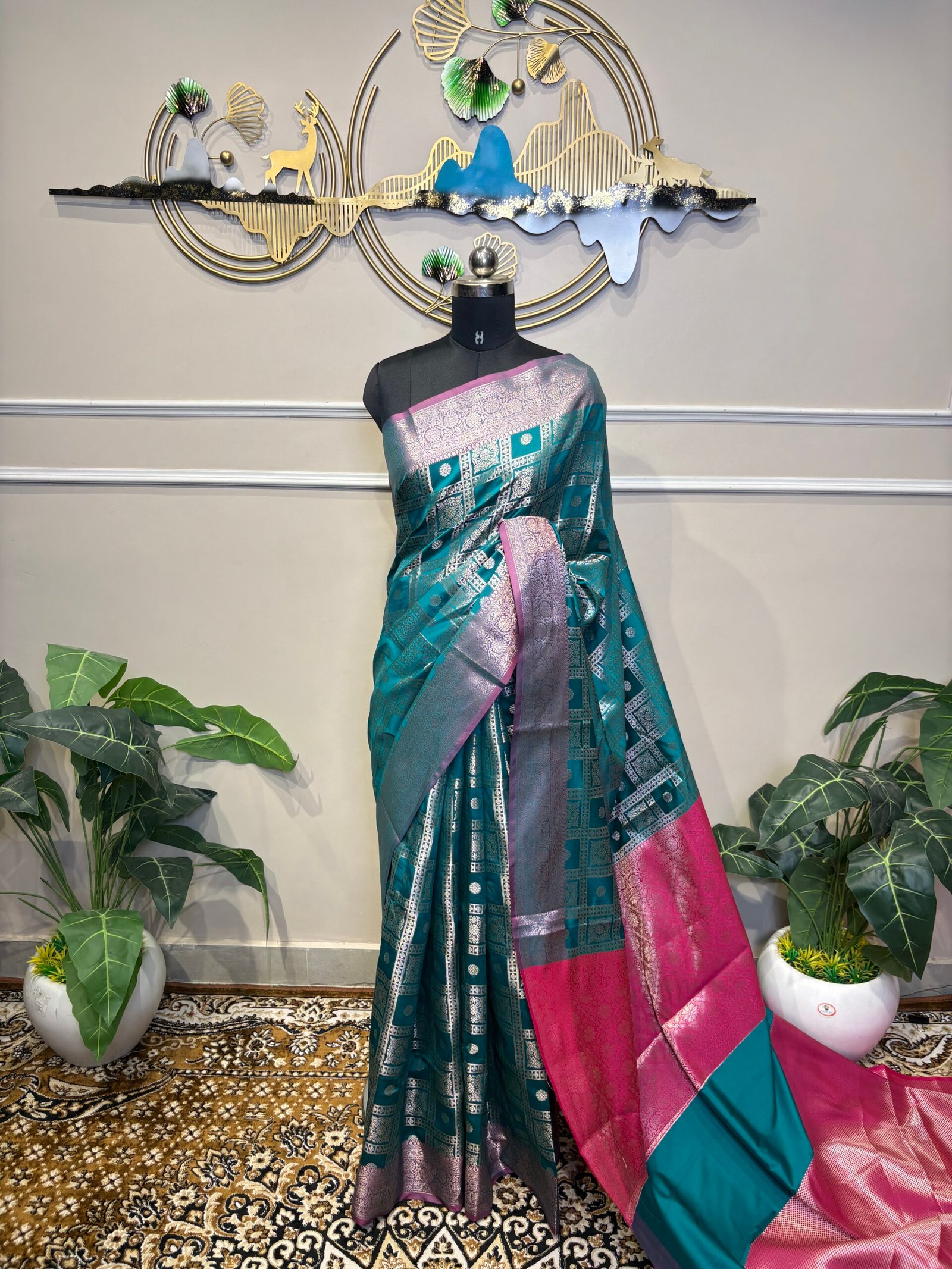 Peacock Teal Banarasi Silk Saree with Silver Zari Checks & Pink Contrast Pallu - Image 2