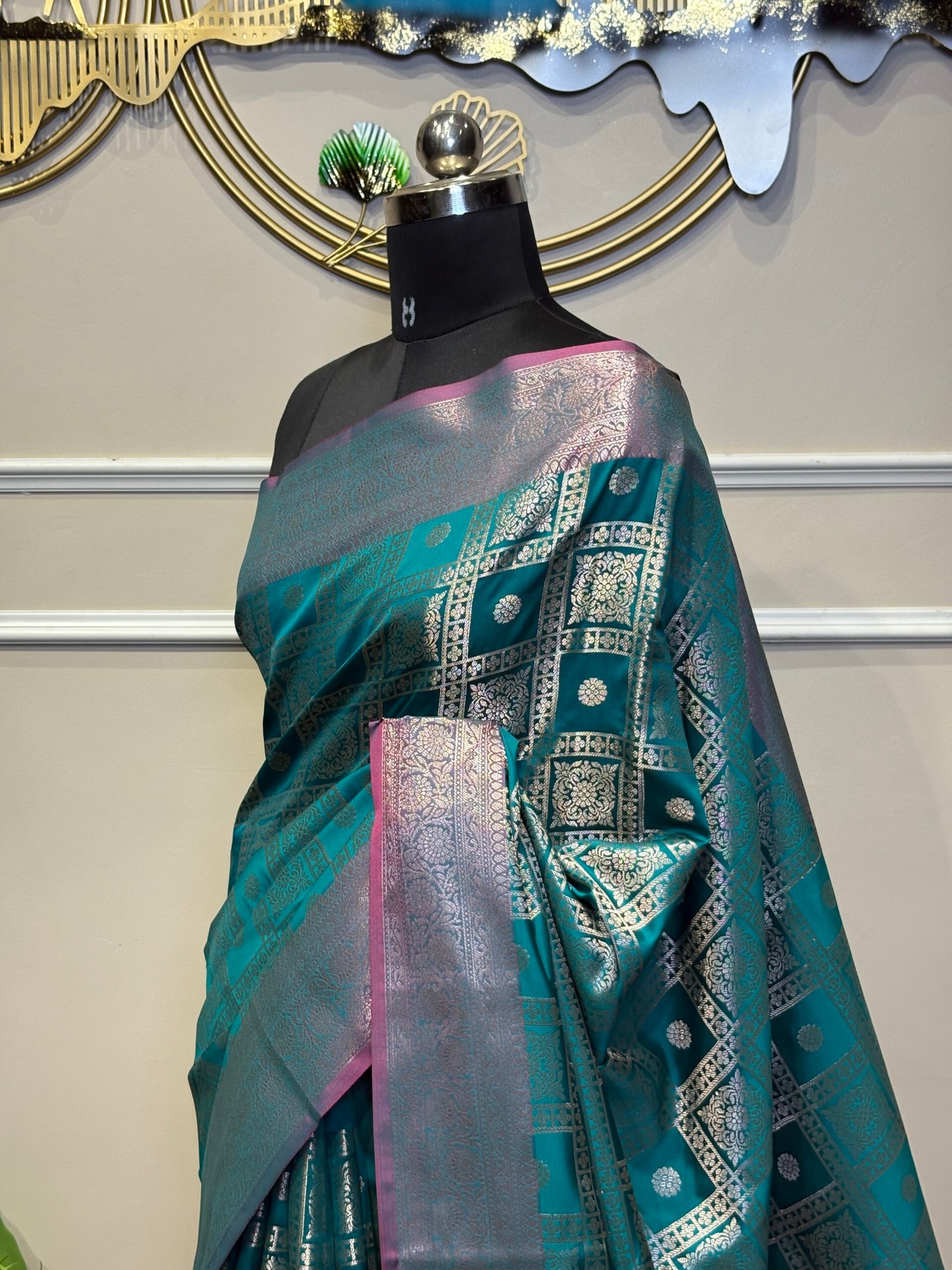 Peacock Teal Banarasi Silk Saree with Silver Zari Checks & Pink Contrast Pallu - Image 4