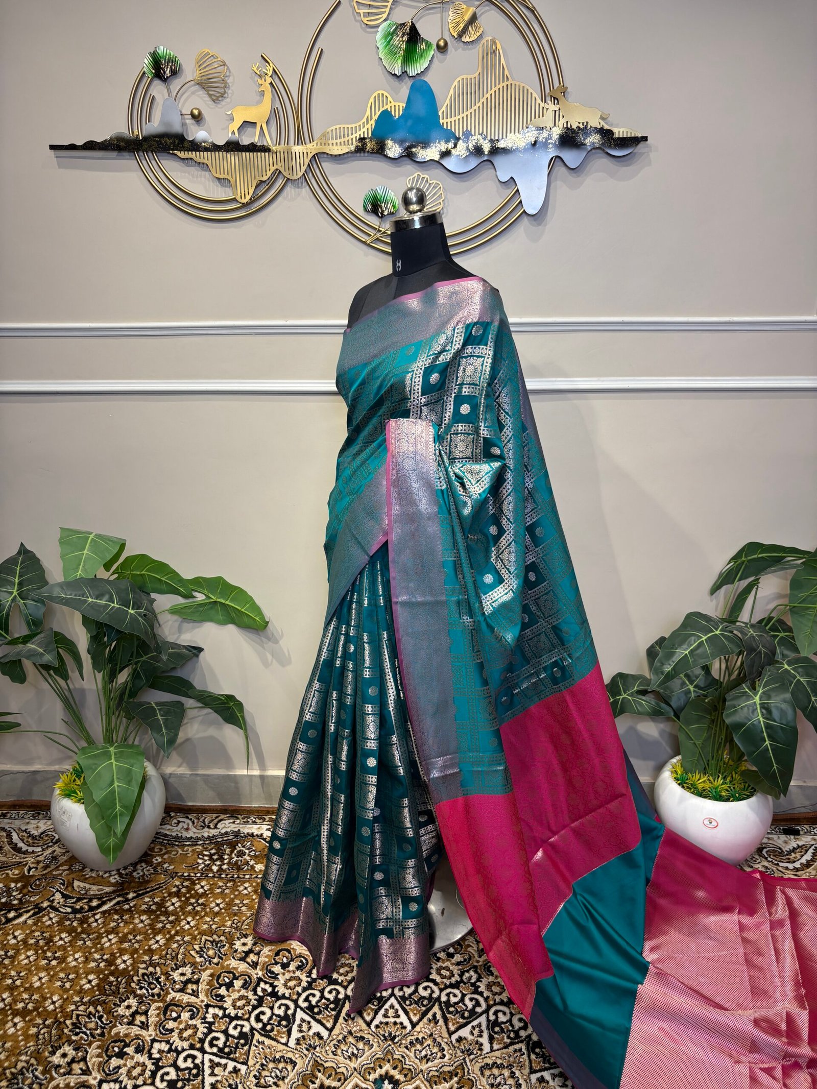 Peacock Teal Banarasi Silk Saree with Silver Zari Checks & Pink Contrast Pallu - Image 3