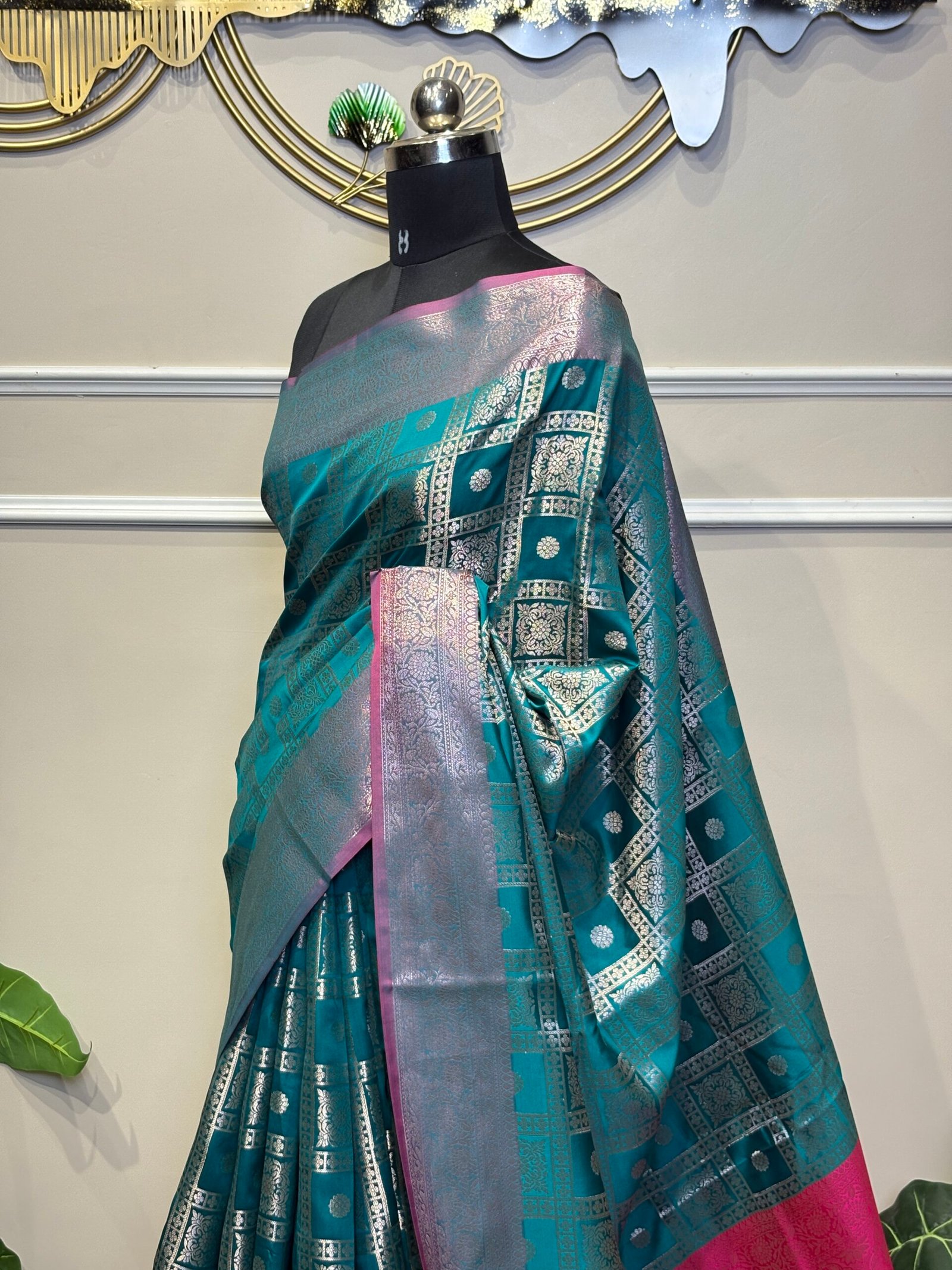 Peacock Teal Banarasi Silk Saree with Silver Zari Checks & Pink Contrast Pallu - Image 6