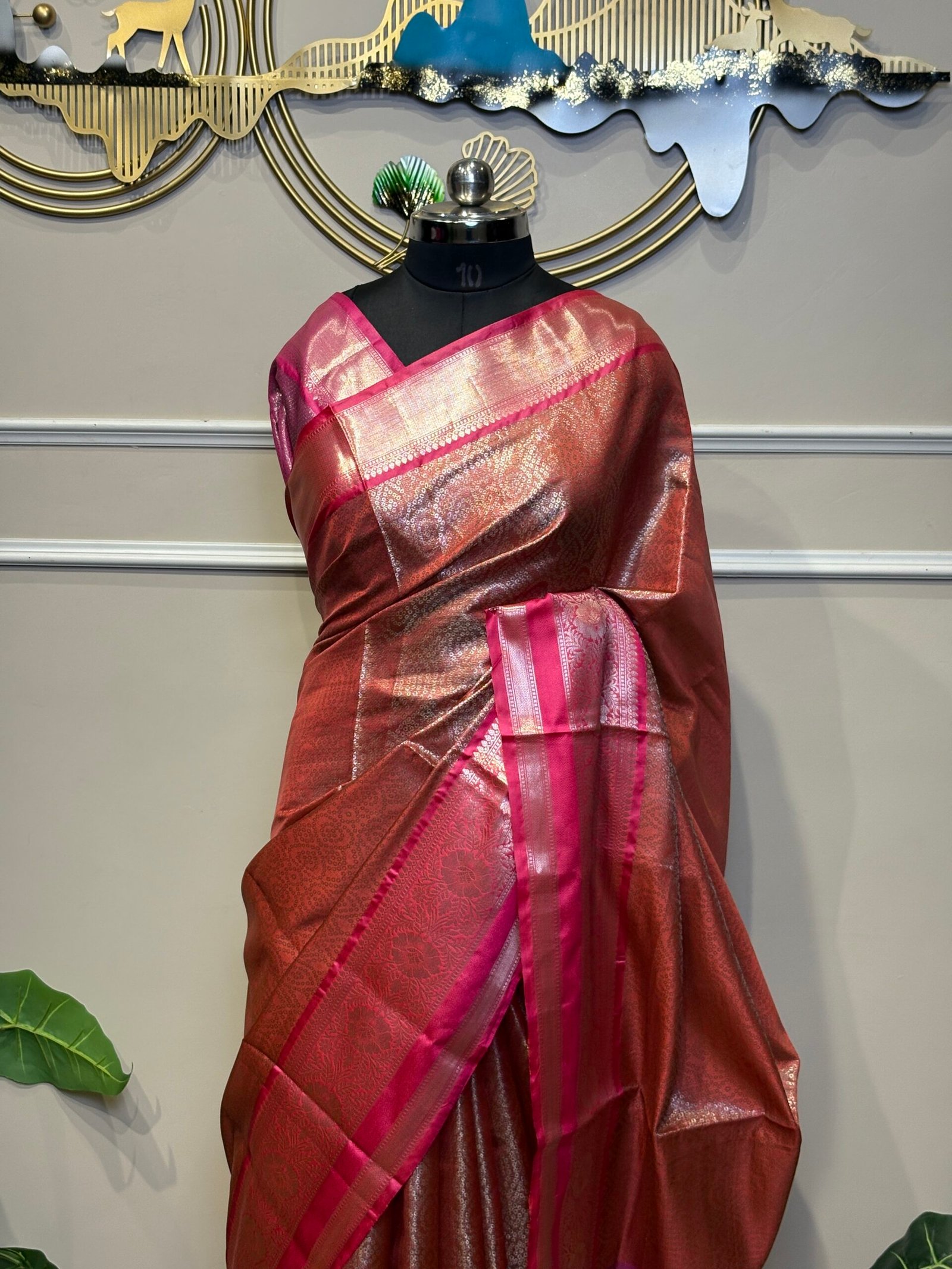 Copper Brown & Rani Pink Banarasi Silk Saree - Image 3