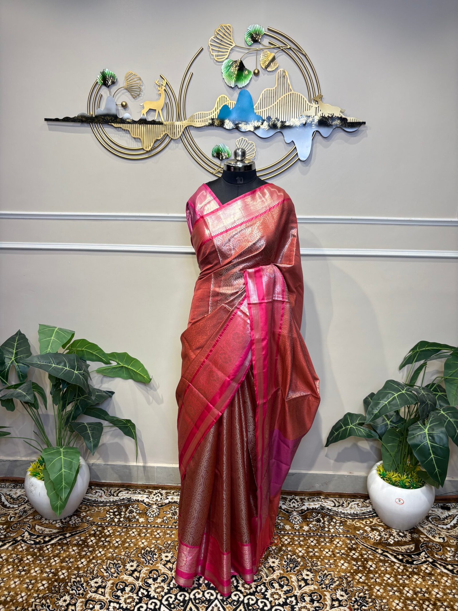 Copper Brown & Rani Pink Banarasi Silk Saree - Image 2