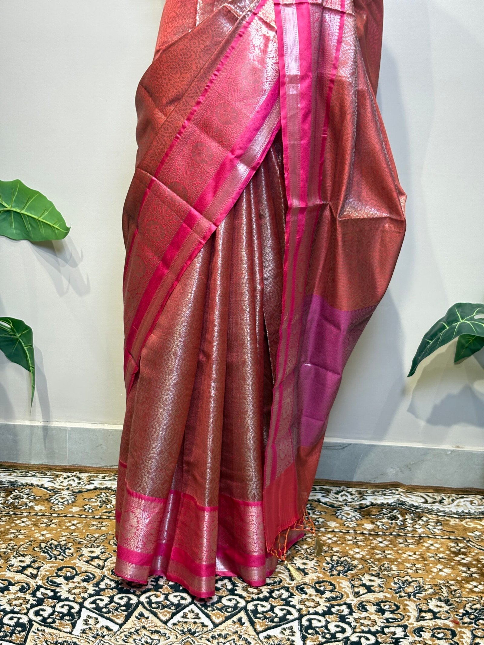 Copper Brown & Rani Pink Banarasi Silk Saree - Image 4