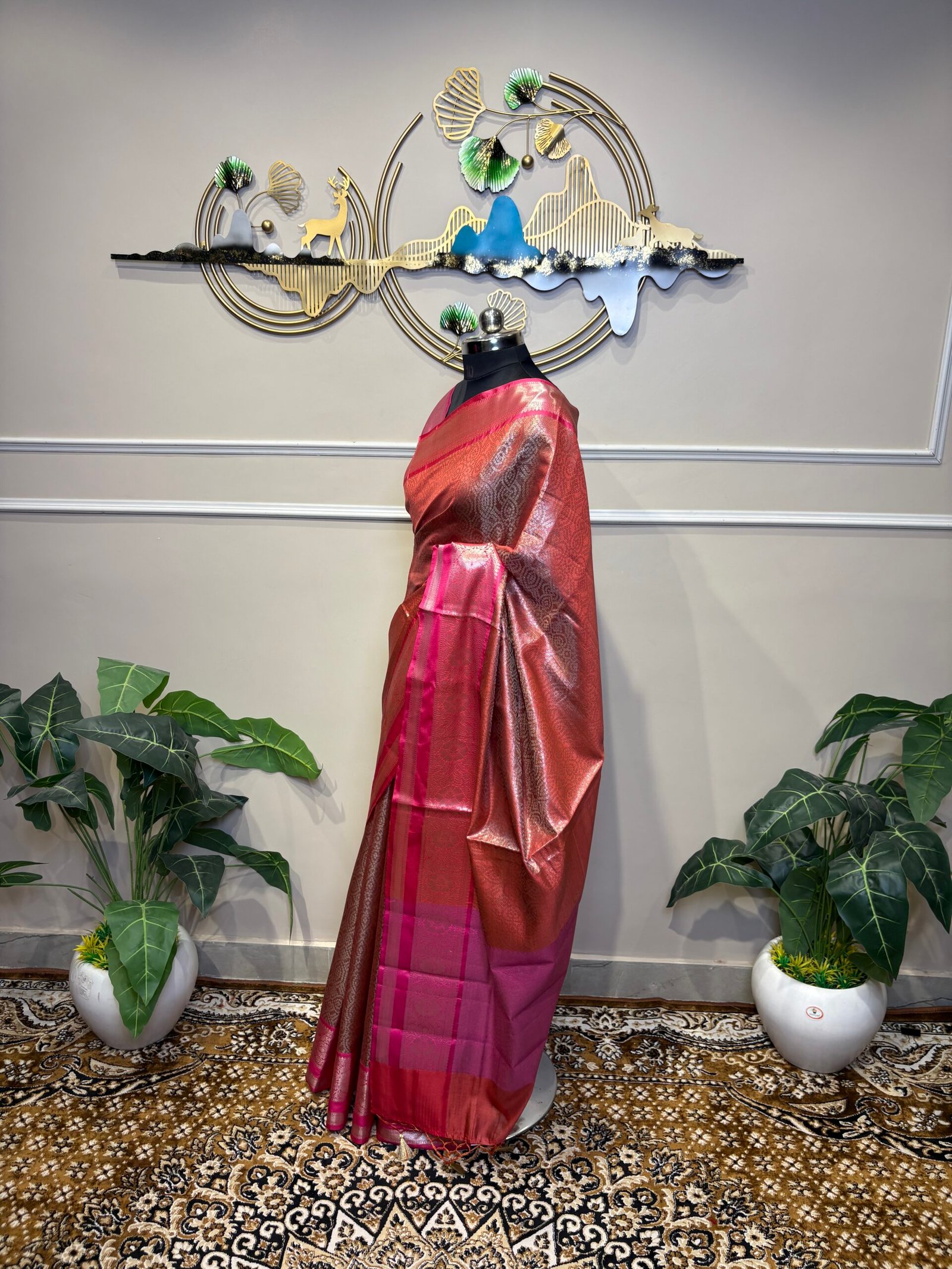 Copper Brown & Rani Pink Banarasi Silk Saree - Image 6