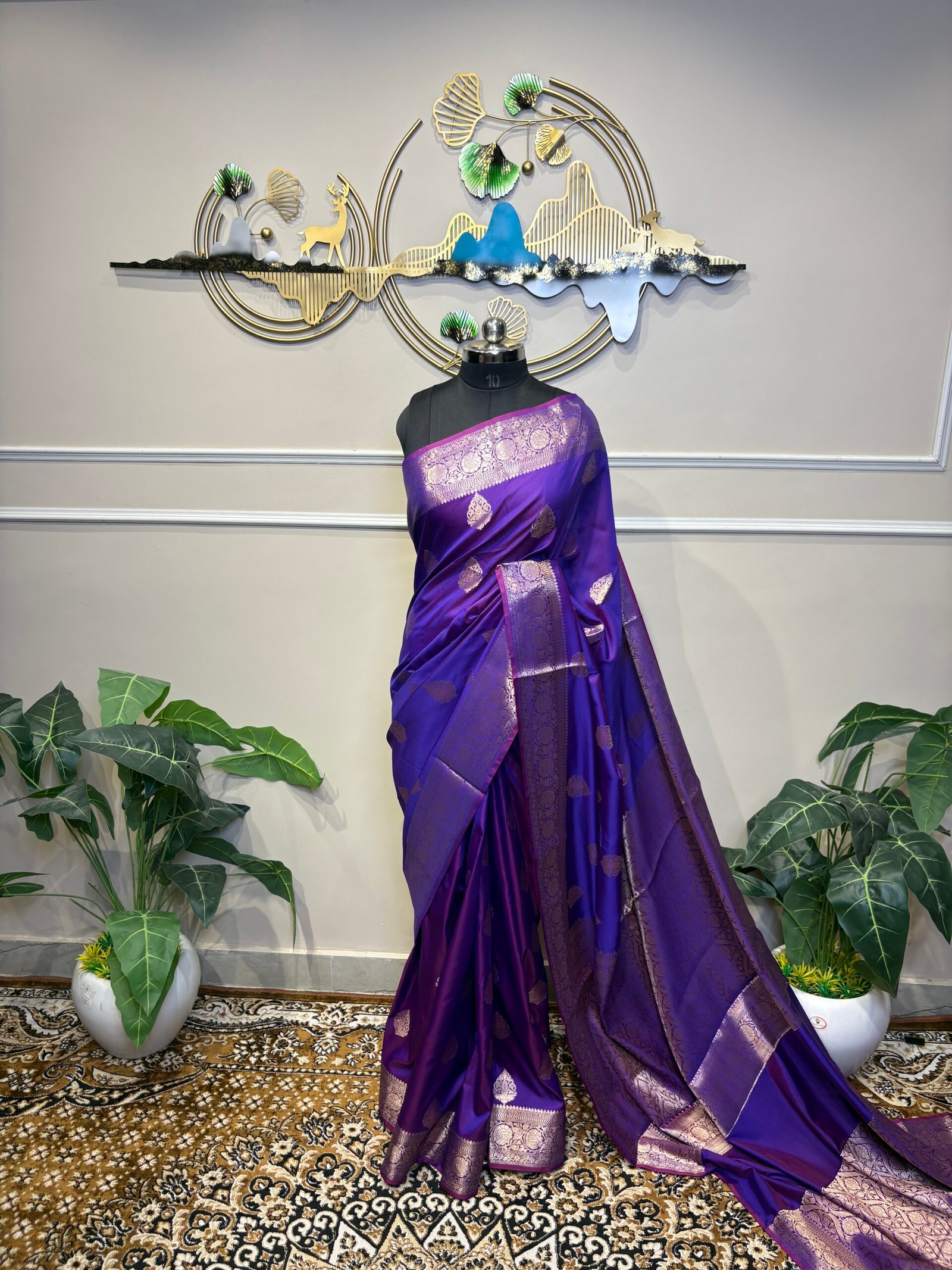 Royal Purple Saree with Silver Zari Woven Border - Image 2