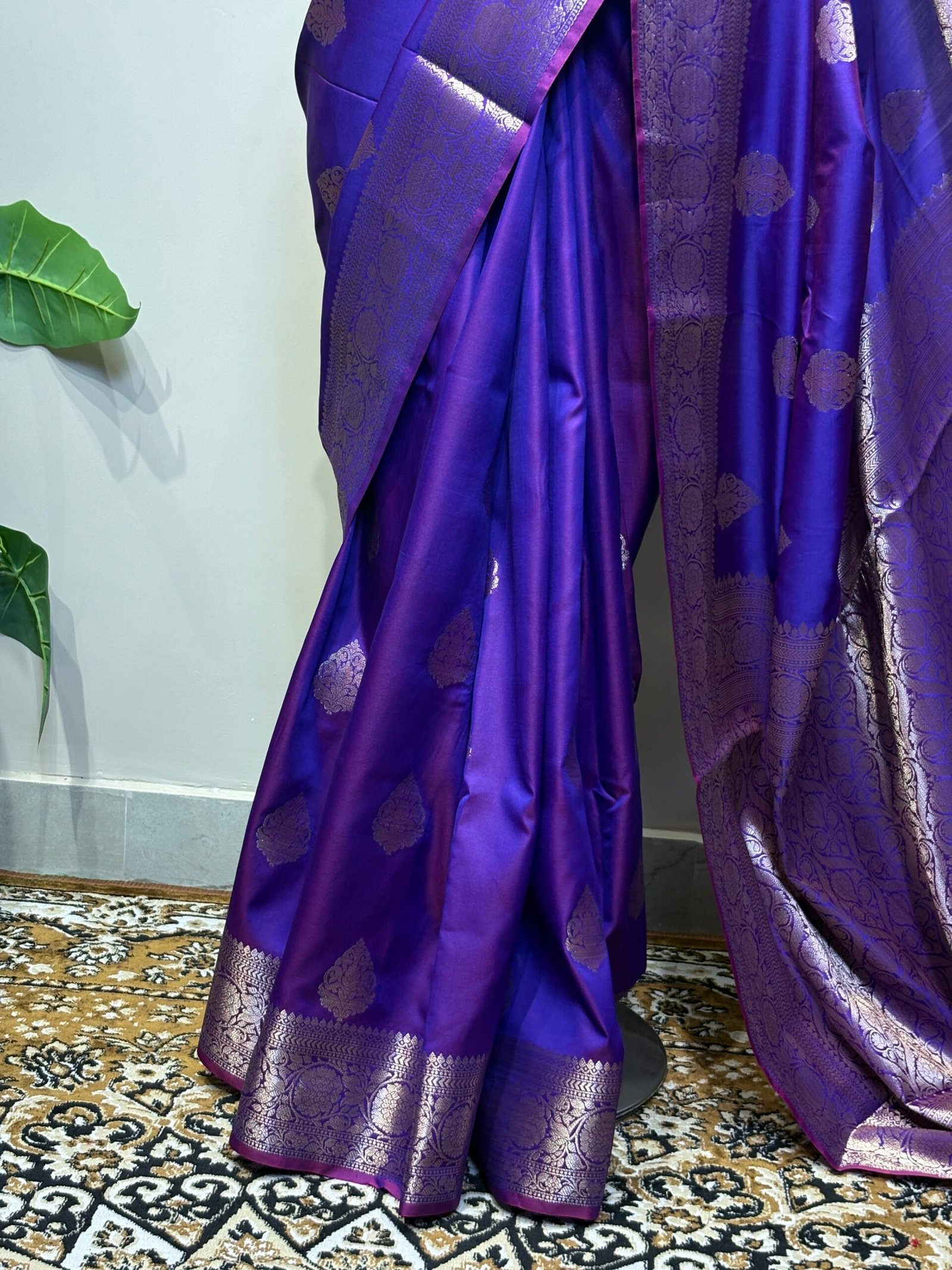 Royal Purple Saree with Silver Zari Woven Border - Image 4