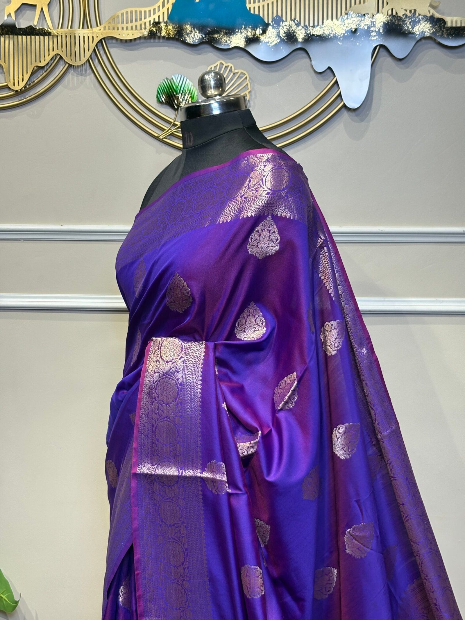 Royal Purple Saree with Silver Zari Woven Border - Image 3