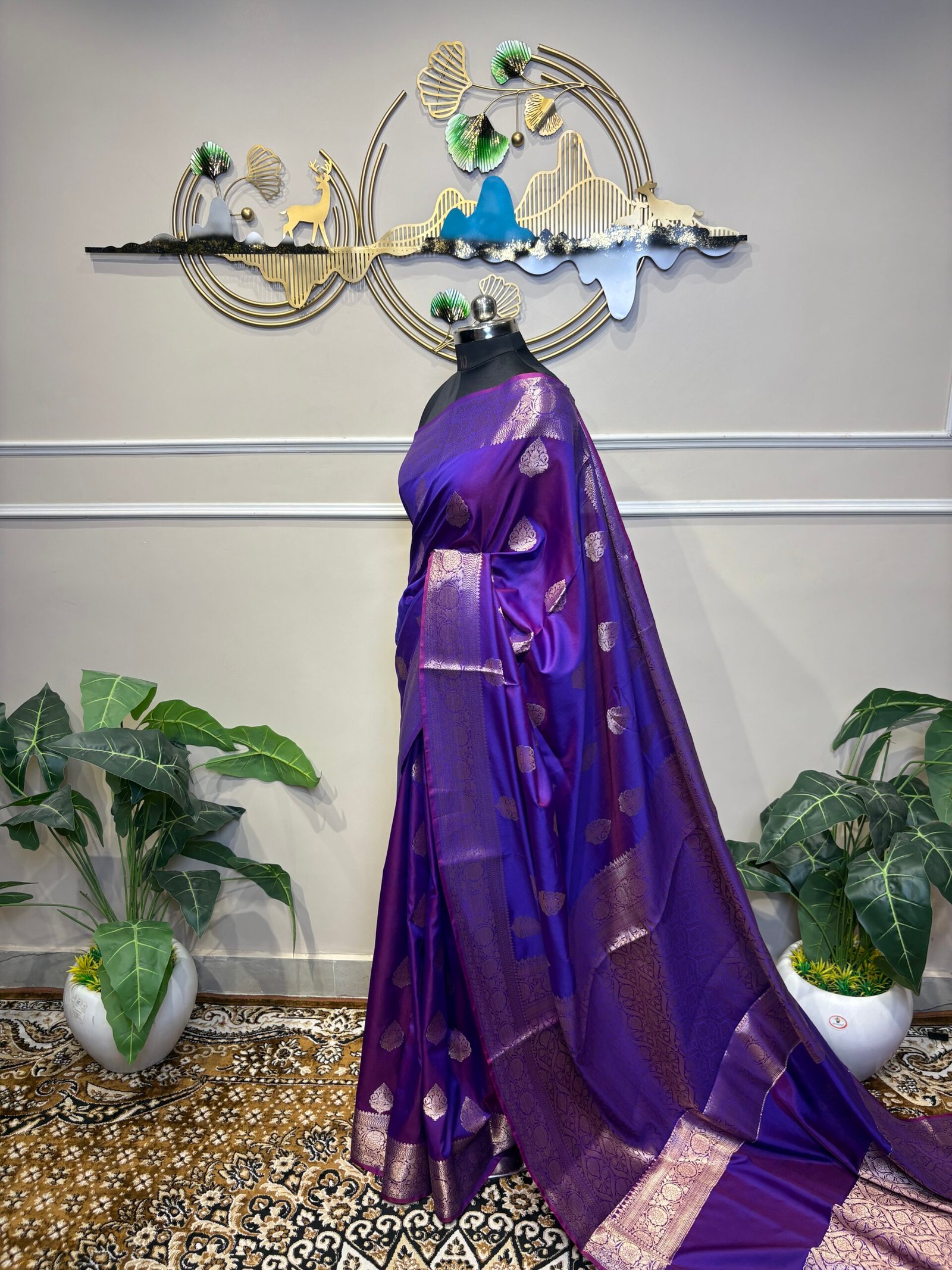 Royal Purple Saree with Silver Zari Woven Border - Image 6
