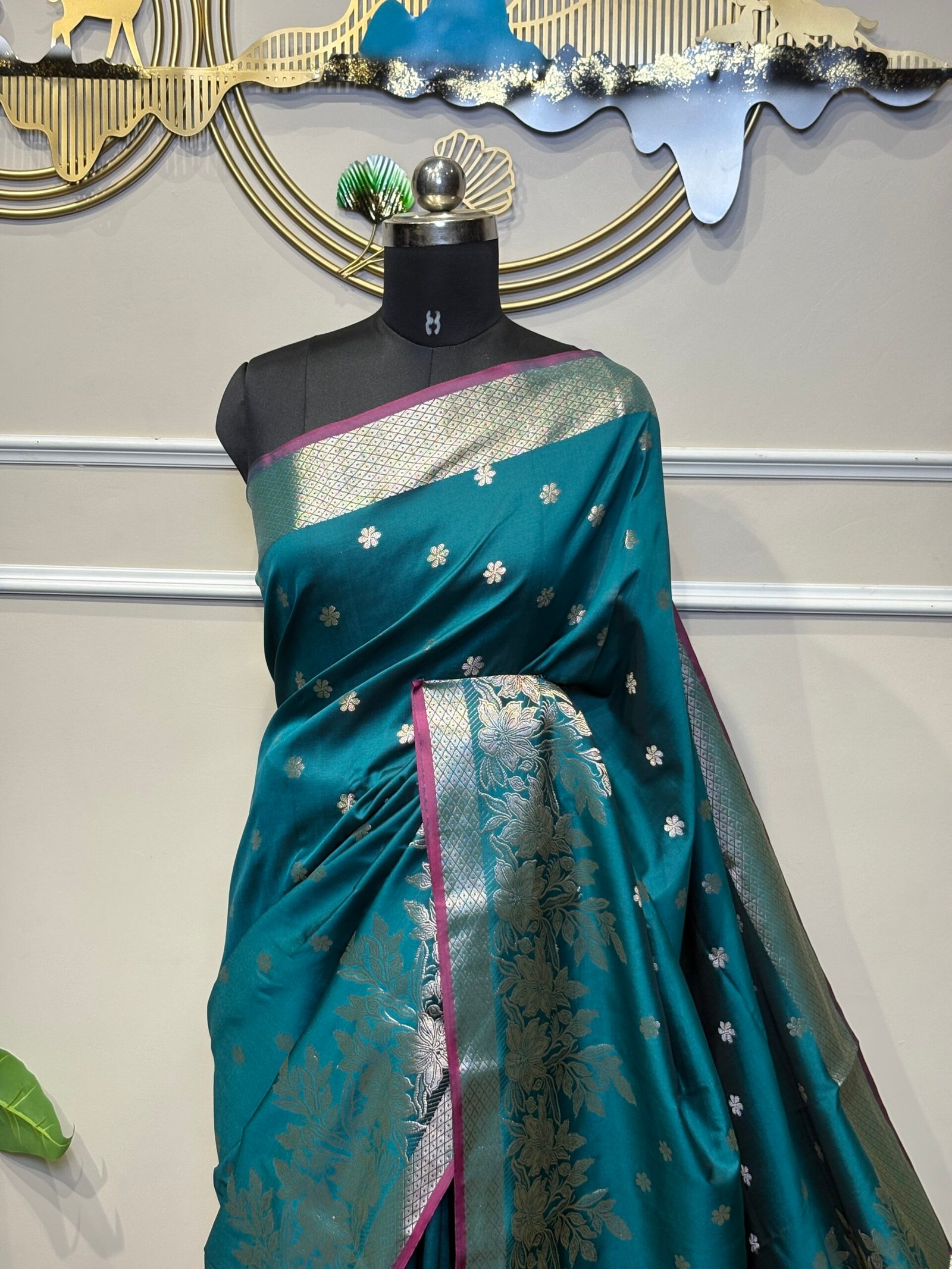 Teal Blue Saree with Silver Zari Floral Border - Image 3