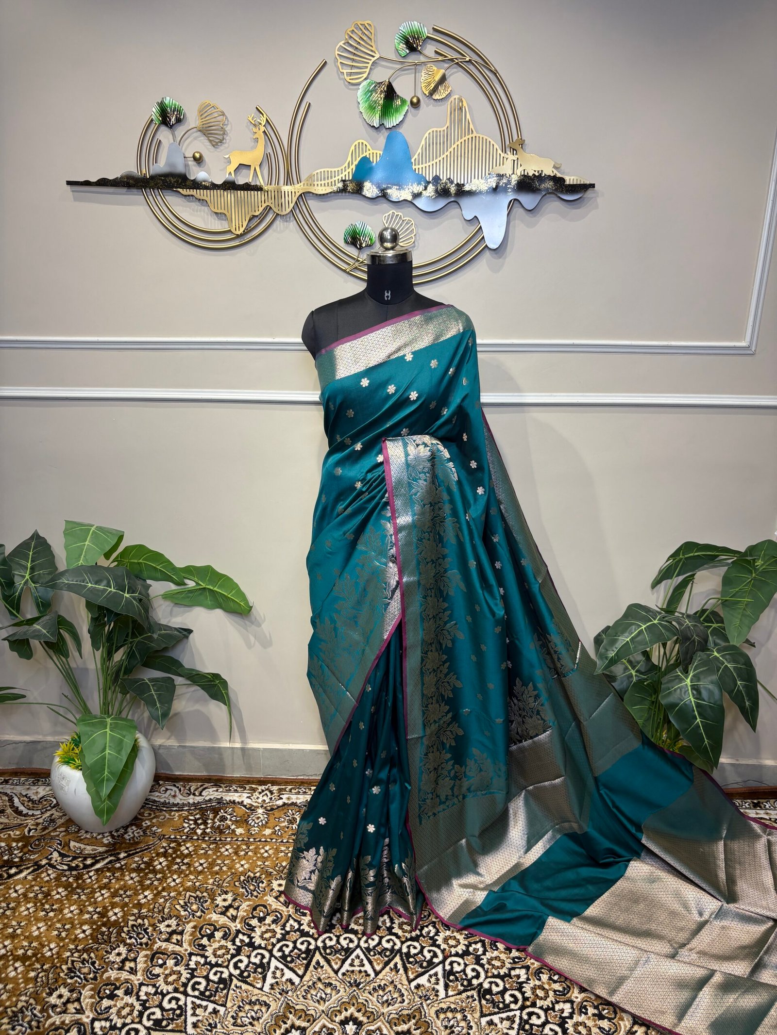 Teal Blue Saree with Silver Zari Floral Border - Image 2