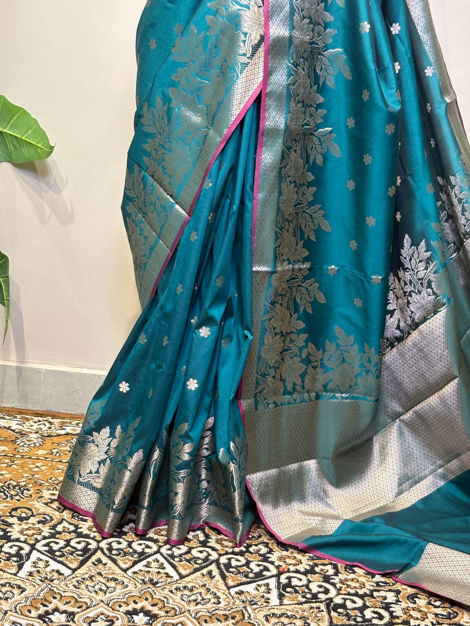 Teal Blue Saree with Silver Zari Floral Border - Image 4