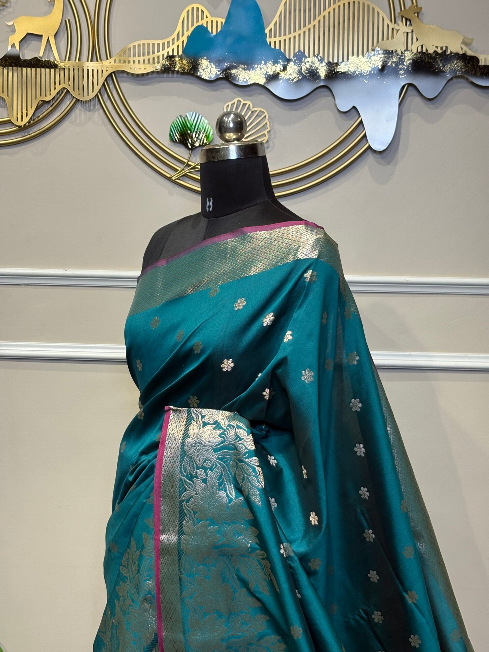 Teal Blue Saree with Silver Zari Floral Border - Image 5