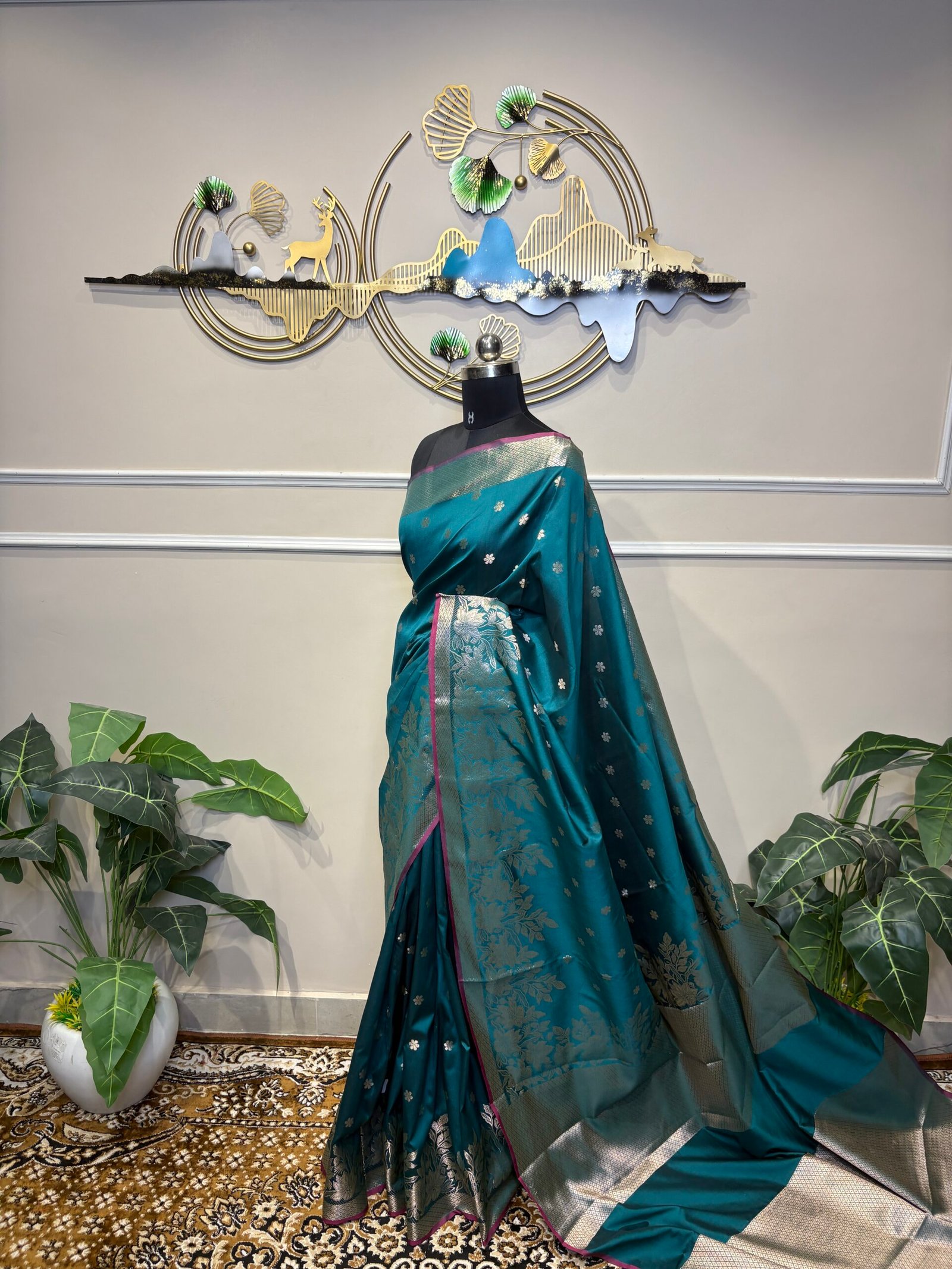 Teal Blue Saree with Silver Zari Floral Border - Image 6