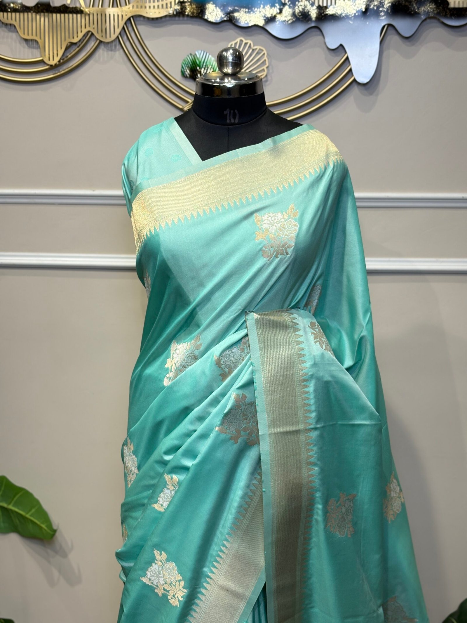 Sky Blue Saree with Silver Zari Floral Motifs - Image 3