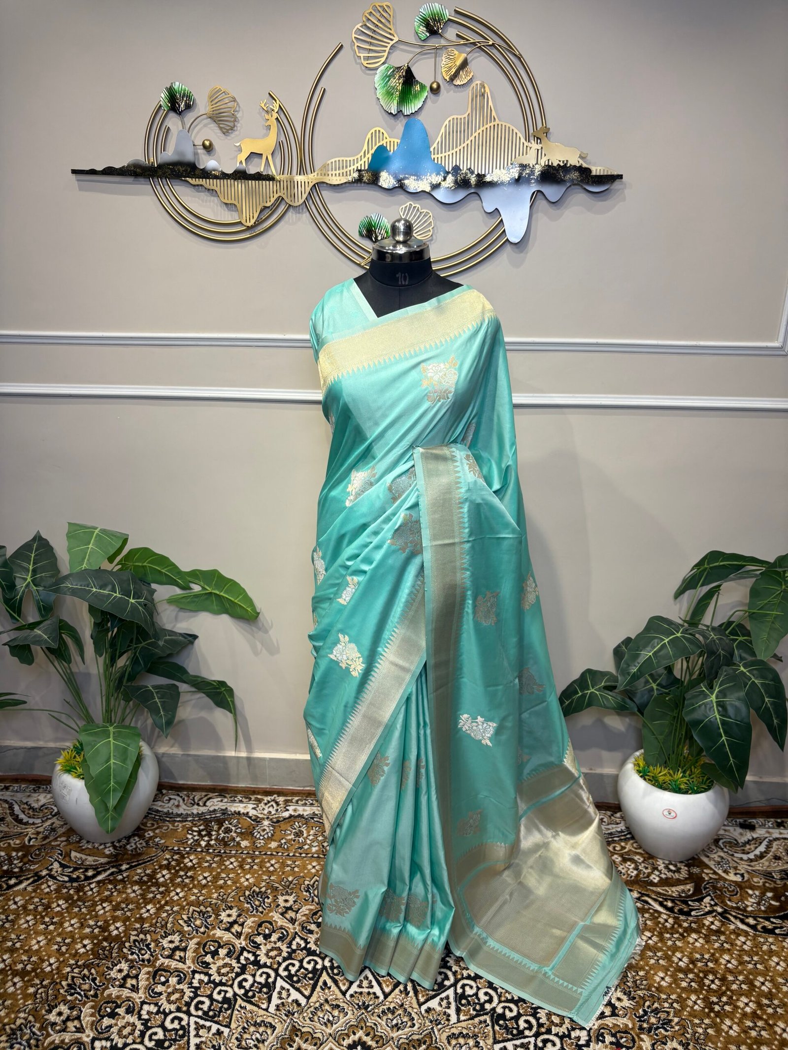 Sky Blue Saree with Silver Zari Floral Motifs - Image 2