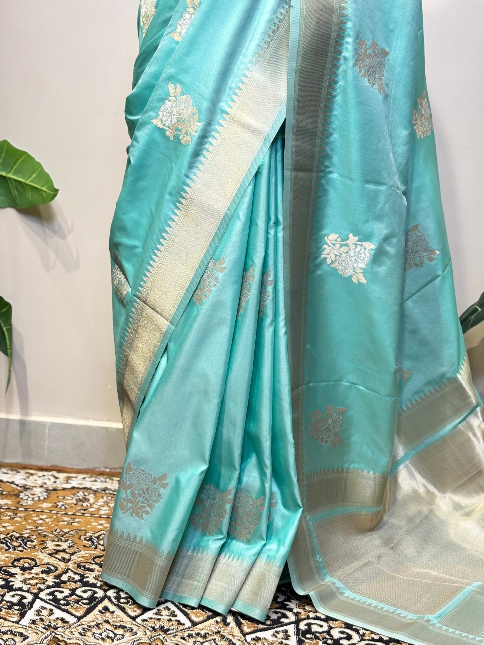 Sky Blue Saree with Silver Zari Floral Motifs - Image 4
