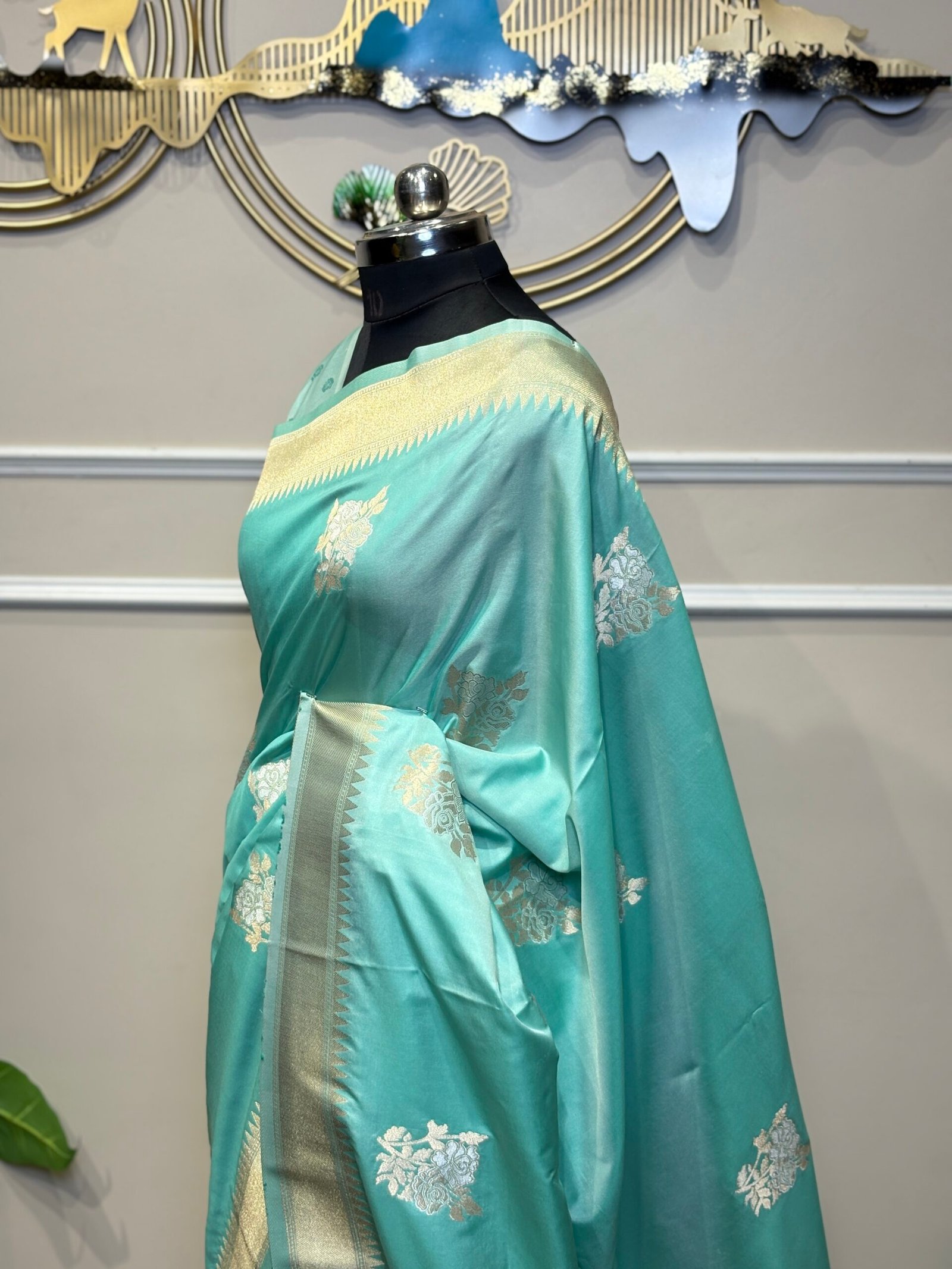 Sky Blue Saree with Silver Zari Floral Motifs - Image 6