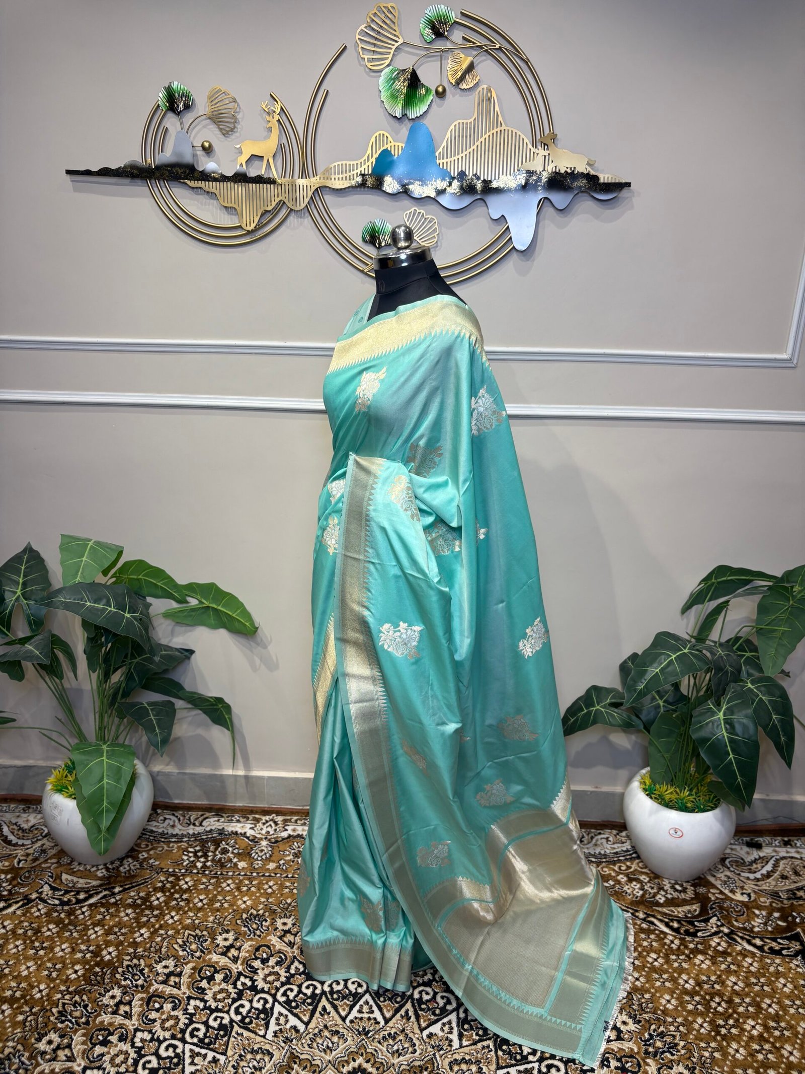 Sky Blue Saree with Silver Zari Floral Motifs - Image 5