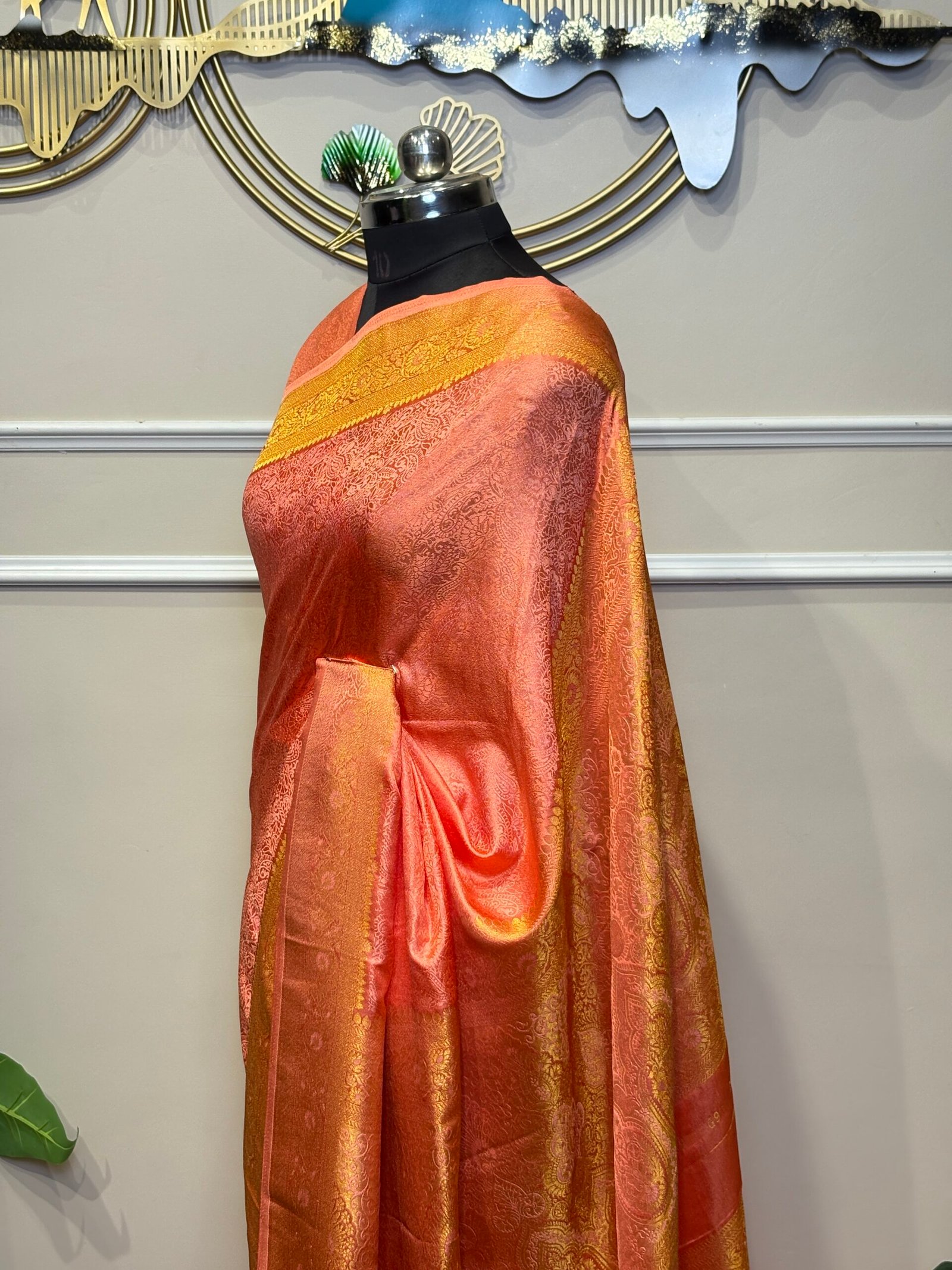 Peach Pink Banarasi Saree with Rich Golden Zari Weaving - Image 5