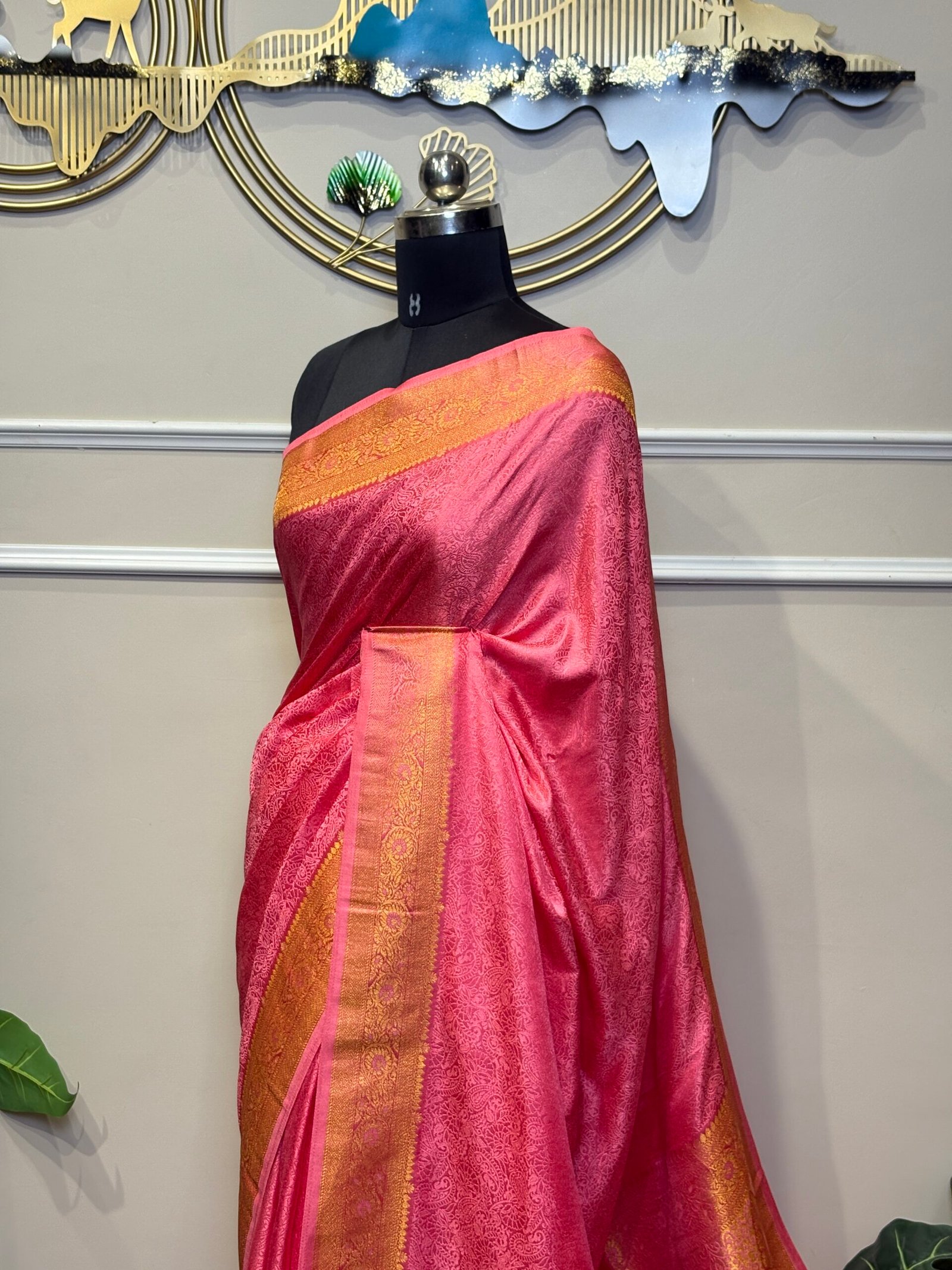 Pink Banarasi Saree with Rich Golden Zari Weaving - Image 3