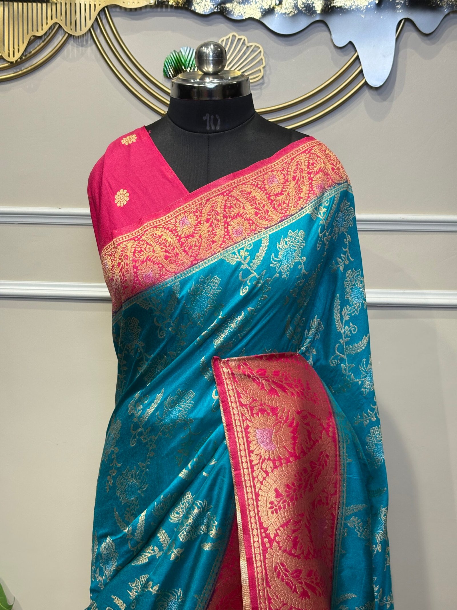 Teal Blue & Rani Pink Banarasi Saree with Golden Zari Weaving - Image 6