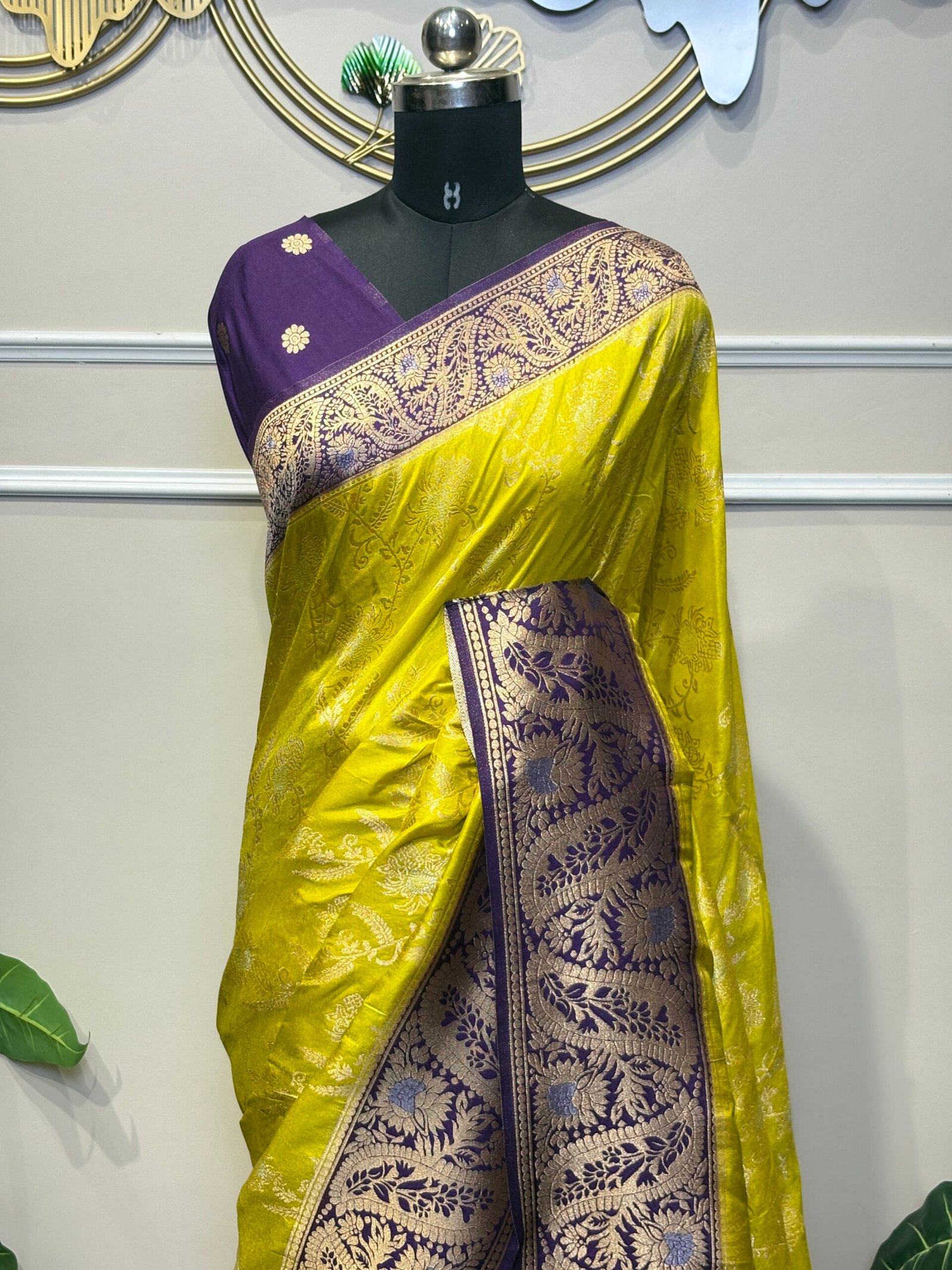 Lime Green & Royal Purple Dual Tone Saree with Silver Zari Woven Border - Image 3