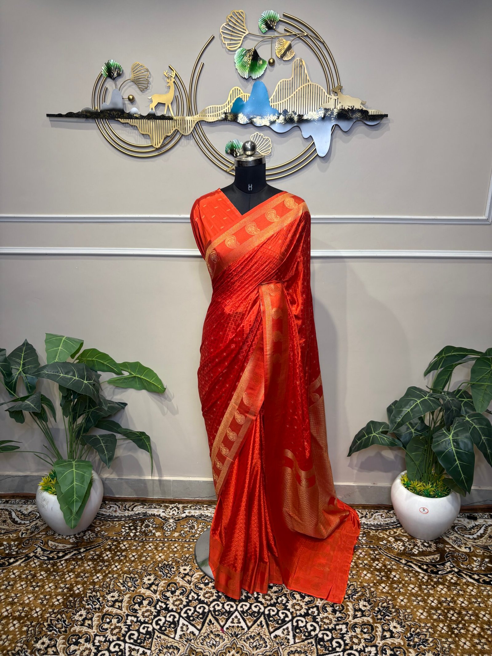 Red Banarasi Saree with Golden Zari Paisley Border - Image 2