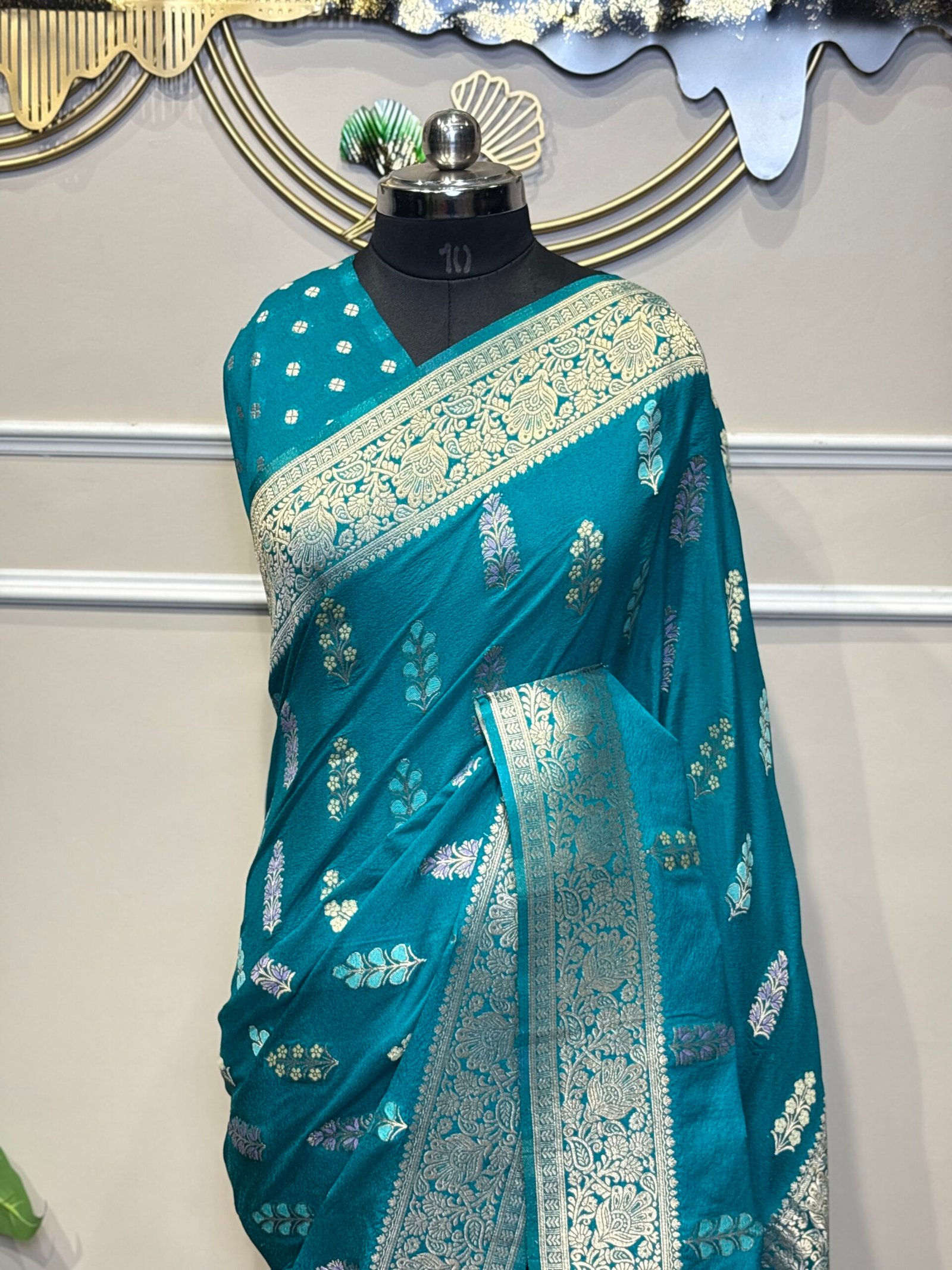 Teal Blue Banarasi Saree with Silver Zari Floral Weaving - Image 2