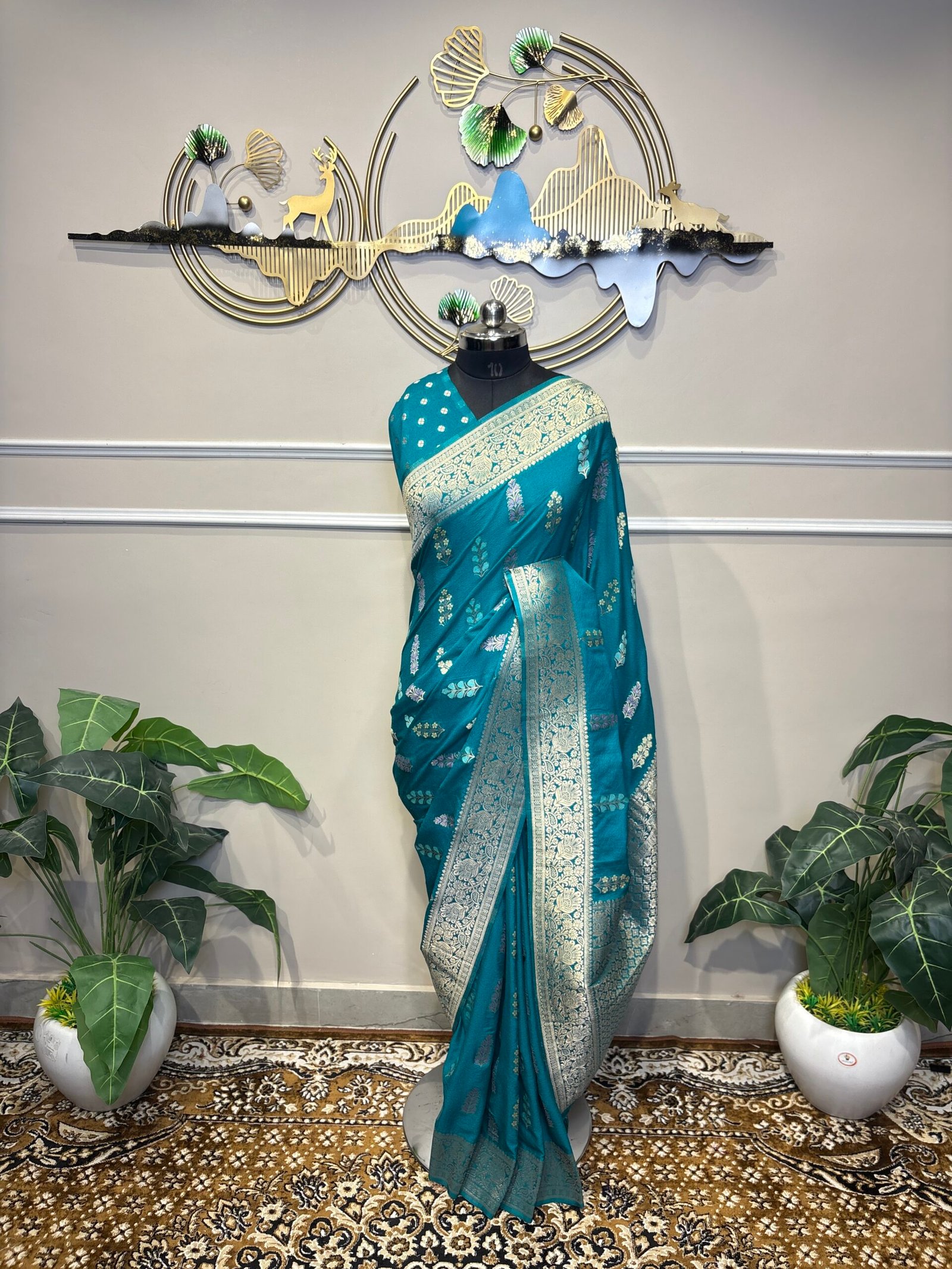 Teal Blue Banarasi Saree with Silver Zari Floral Weaving - Image 3