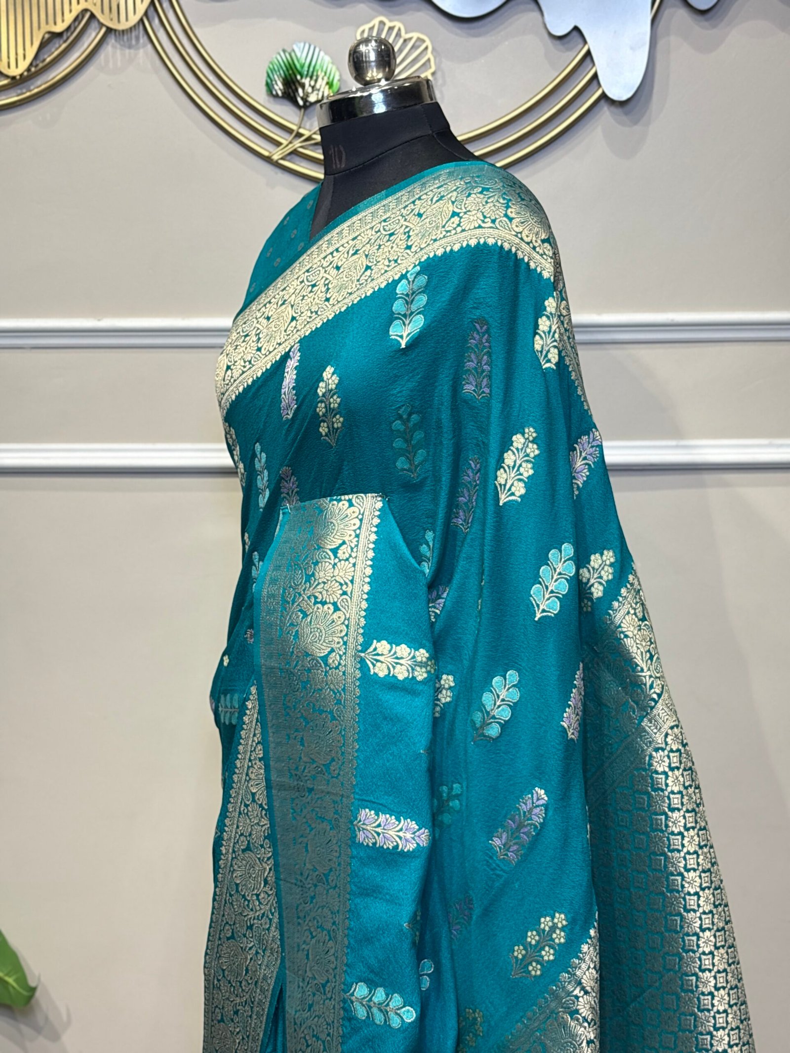 Teal Blue Banarasi Saree with Silver Zari Floral Weaving - Image 5